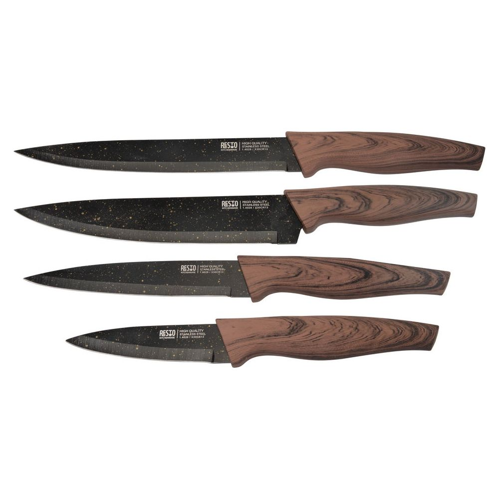 Vier schwarze Messer mit gesprenkelten Klingen und Holzmasergriff sind vertikal angeordnet.
