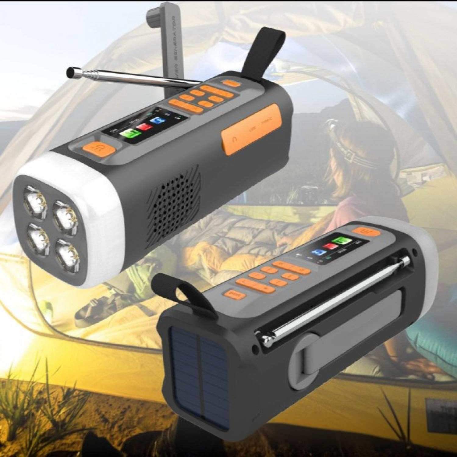 Ein tragbares Radio mit Taschenlampe, Solarpanel und Teleskopantenne.