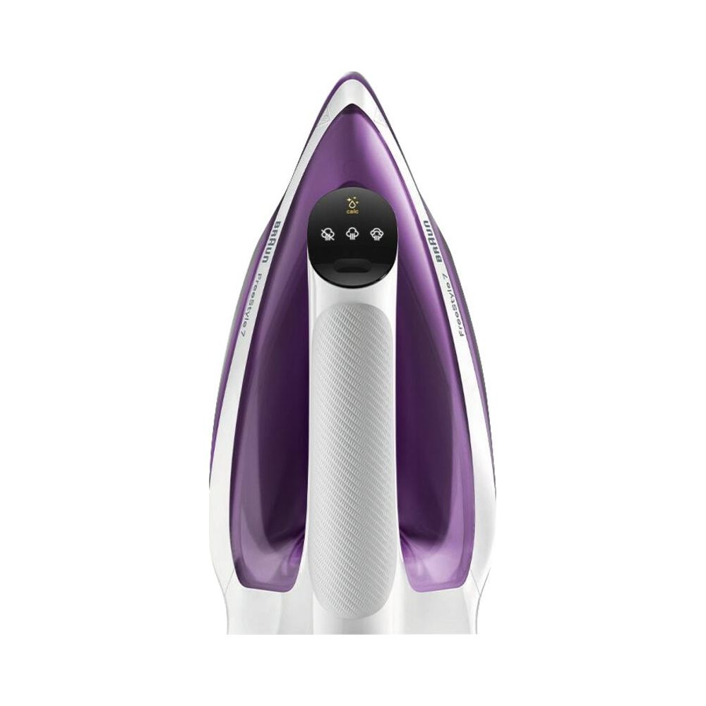 Lila Dampfbügeleisen mit weißem Griff und digitalem Display. Braun Logo.