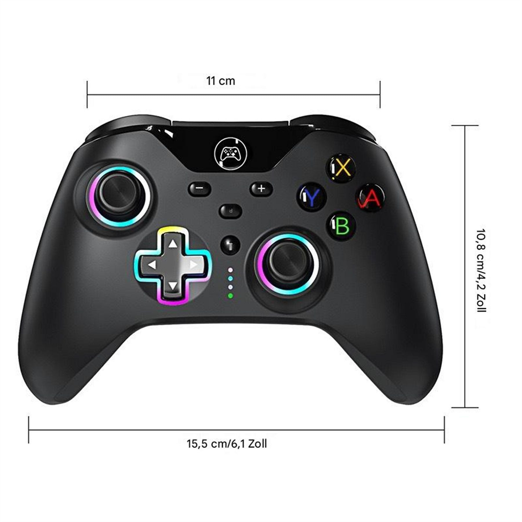 Schwarzer Controller mit leuchtenden Akzenten und Maßangaben.