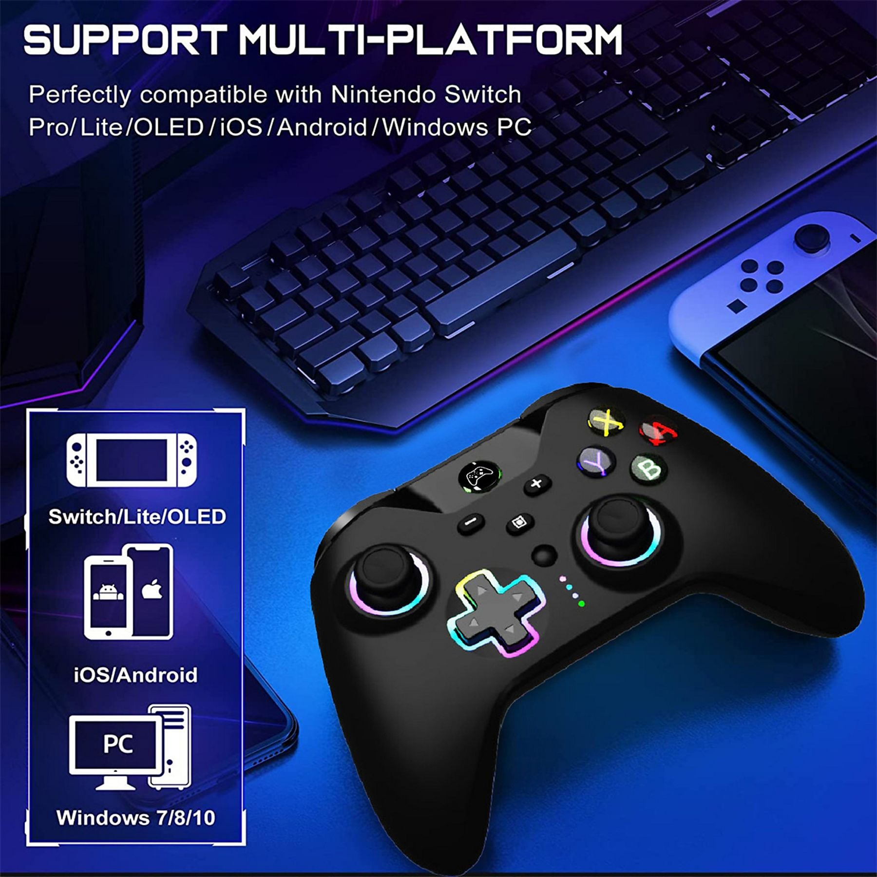 Schwarzer Controller, Tastatur und Switch-Konsole auf blauem Hintergrund.