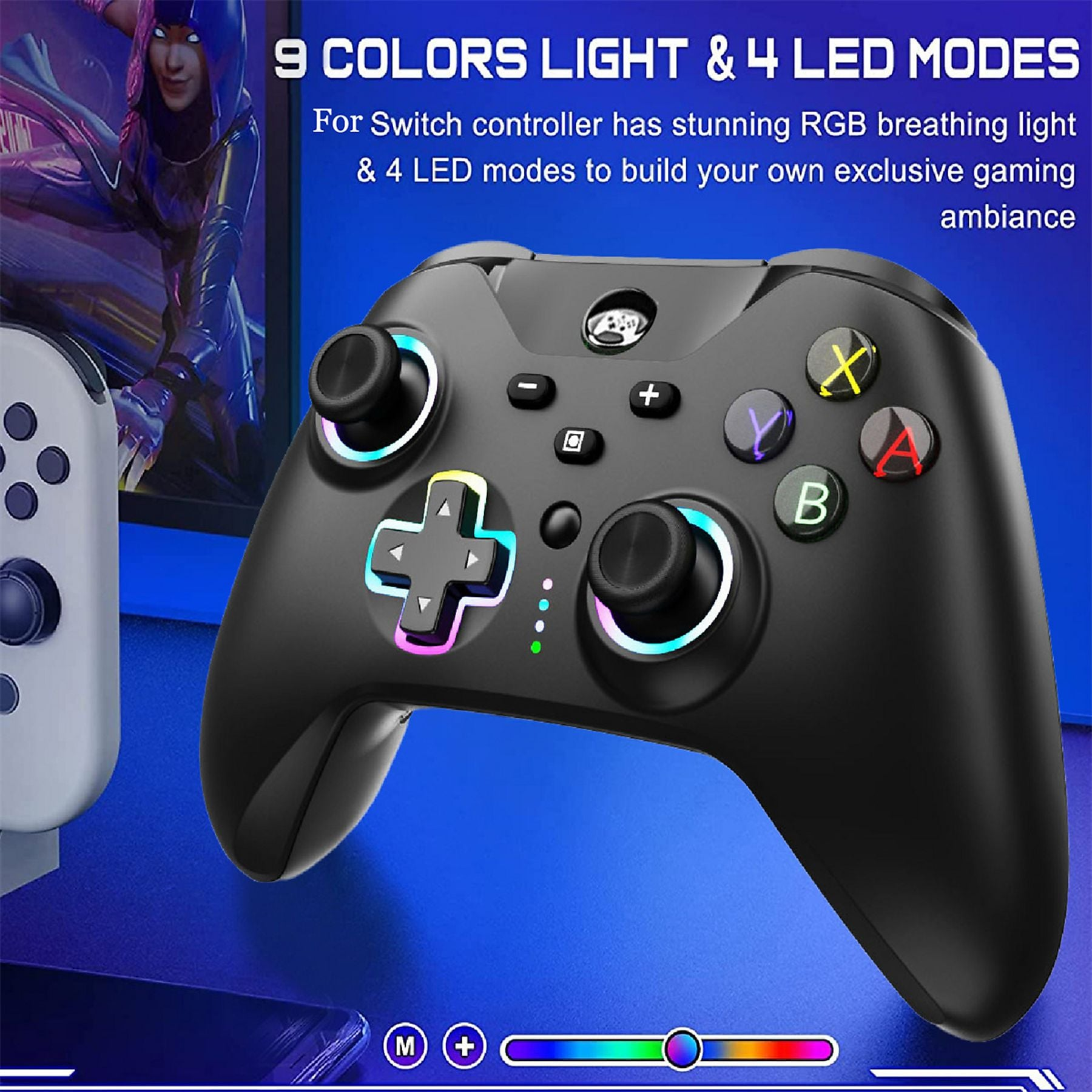 Schwarzer Gaming-Controller mit RGB-Licht und Spielermotiv im Hintergrund.