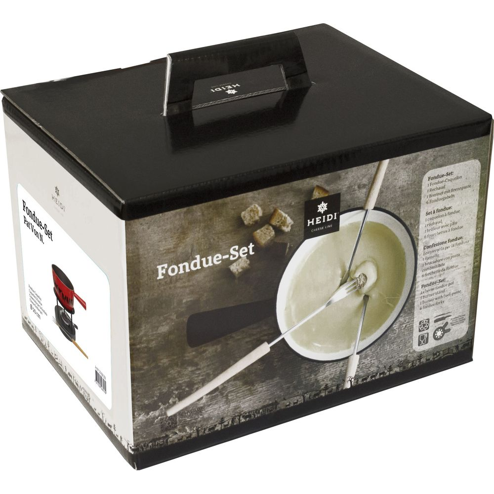 Confezione set fondue formaggio Heidi con pentola, bruciatore e forchette.