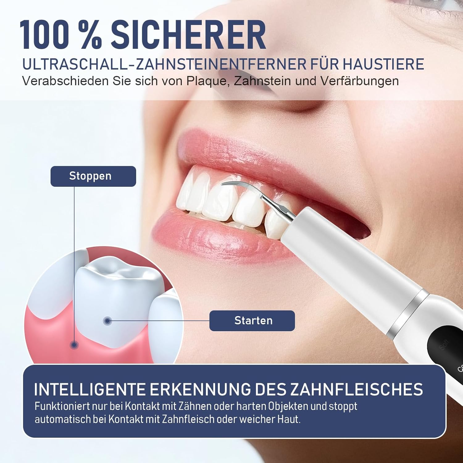 Ultraschall-Zahnsteinentferner für Haustiere reinigt Zähne, stoppt bei Zahnfleischkontakt.