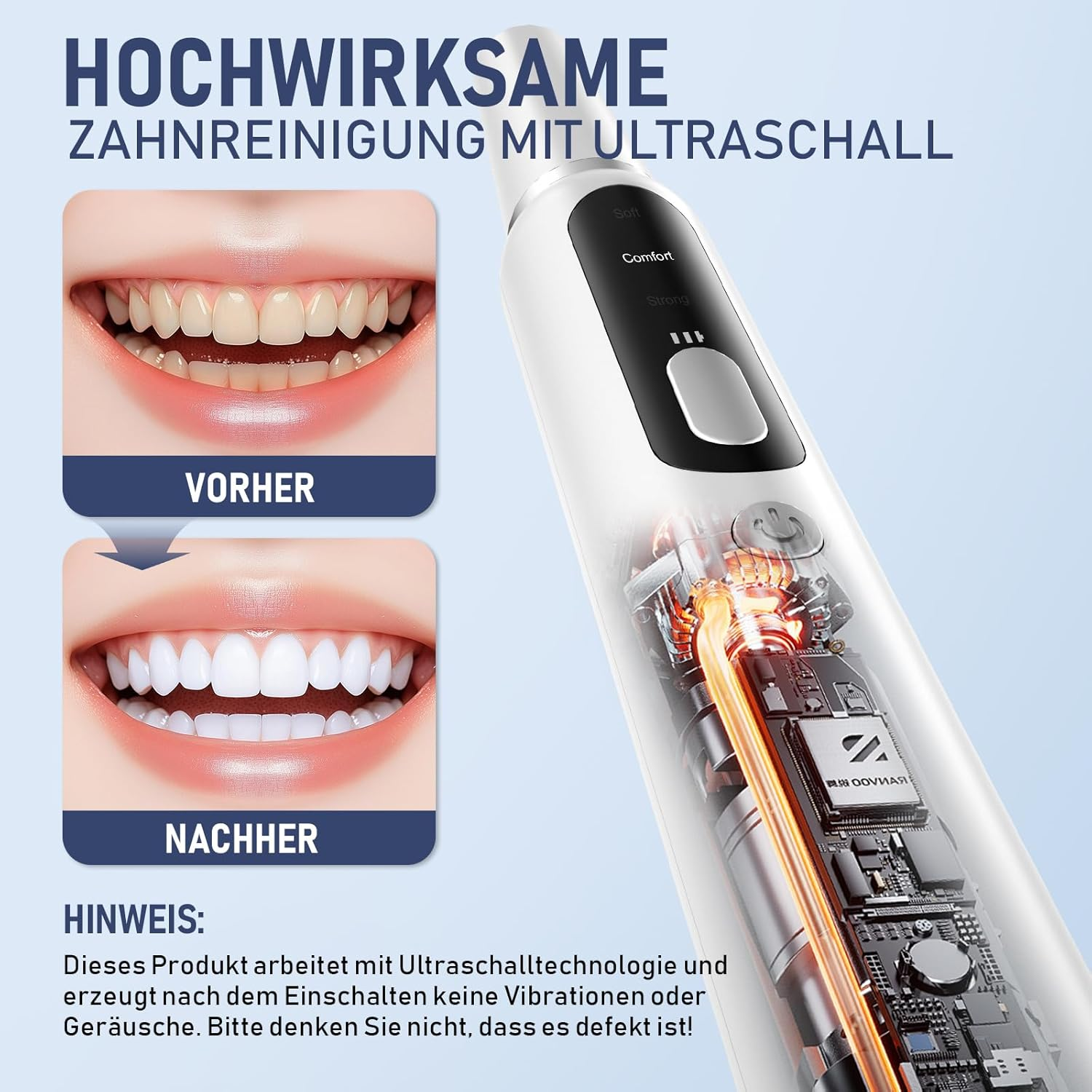 Vorher/Nachher-Vergleich von Zähnen, die mit Ultraschall gereinigt wurden.