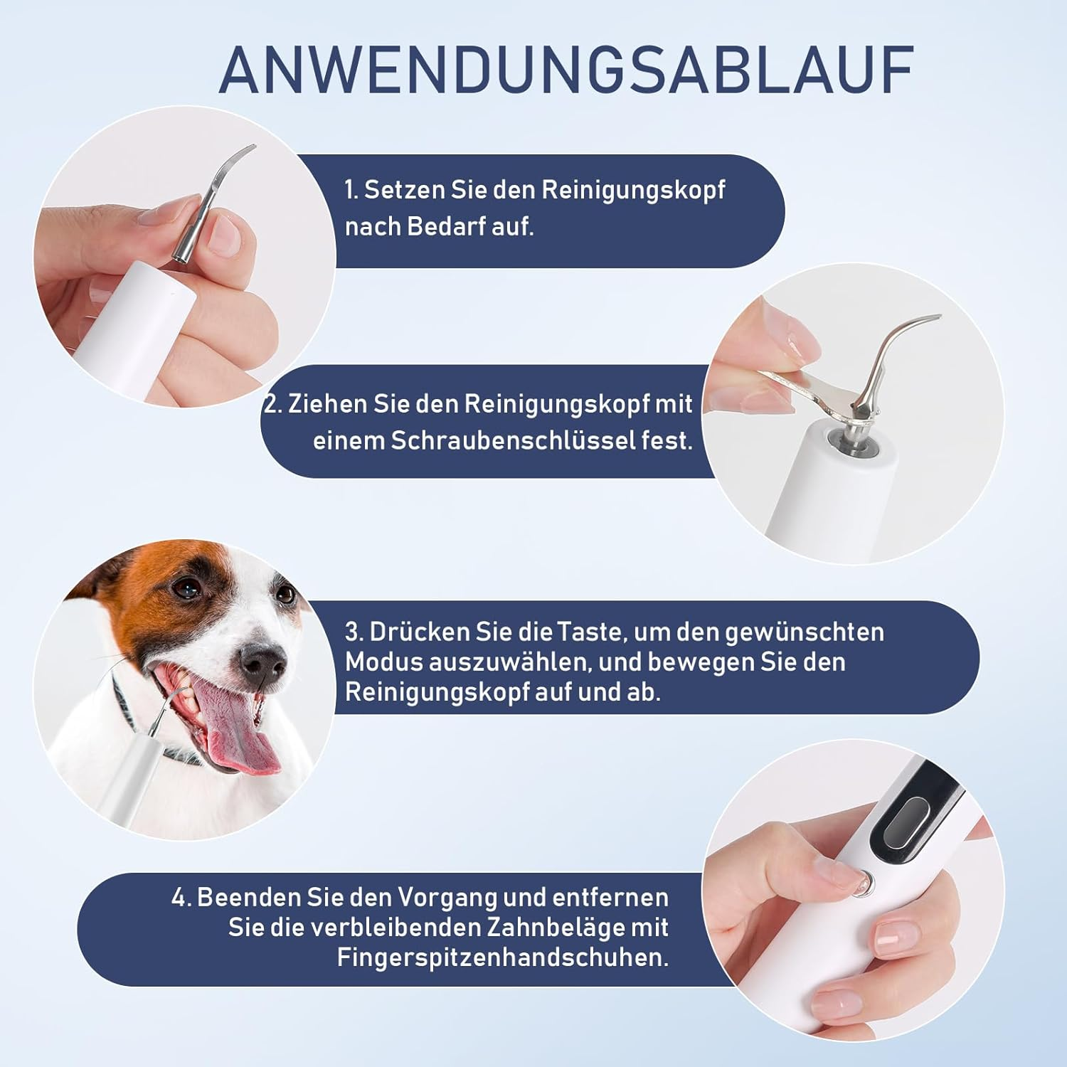 Schritte zur Anwendung: Kopf aufsetzen, festschrauben, Modus wählen, reinigen.