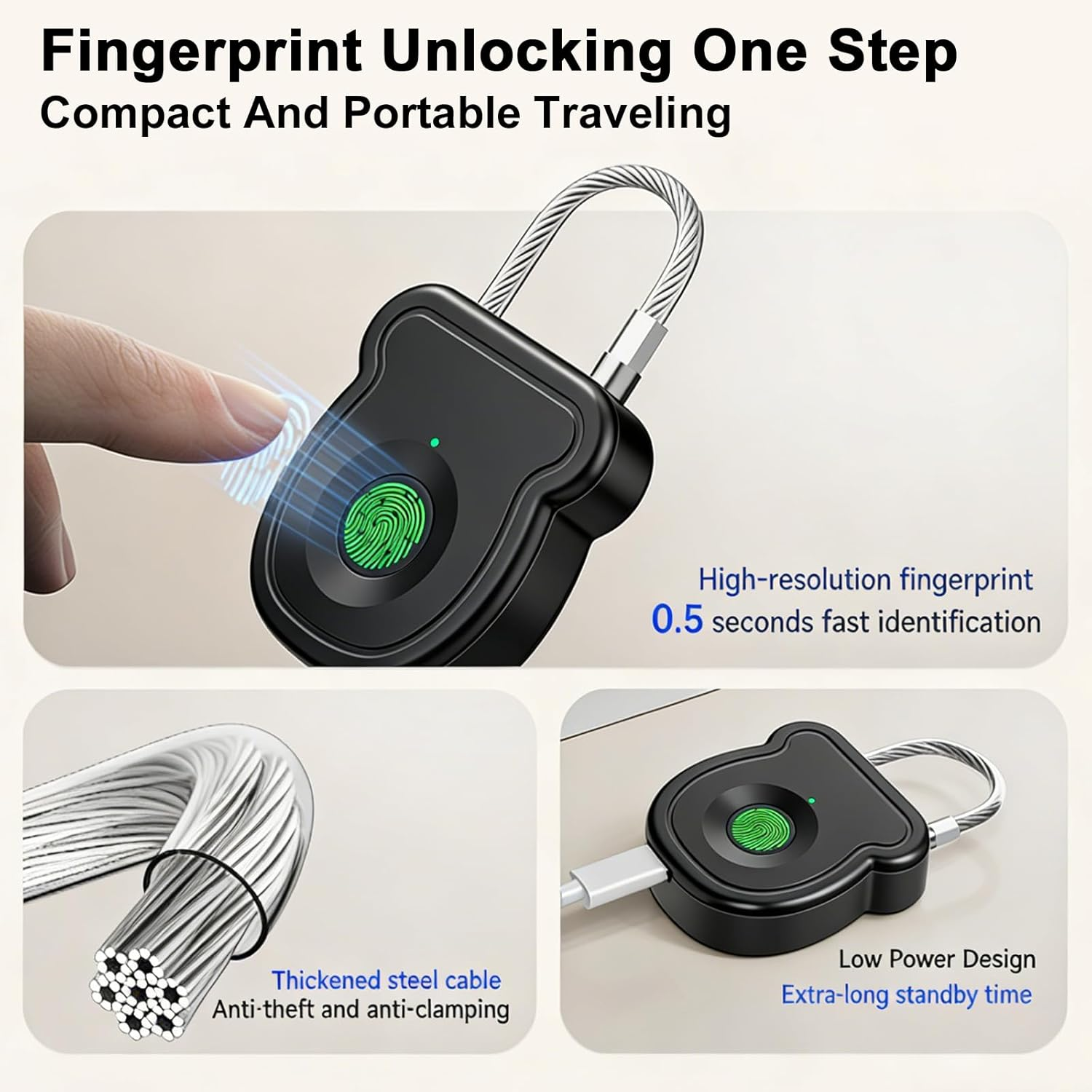 Schwarzes Vorhängeschloss mit Fingerabdrucksensor, Stahlkabel, USB-Anschluss.