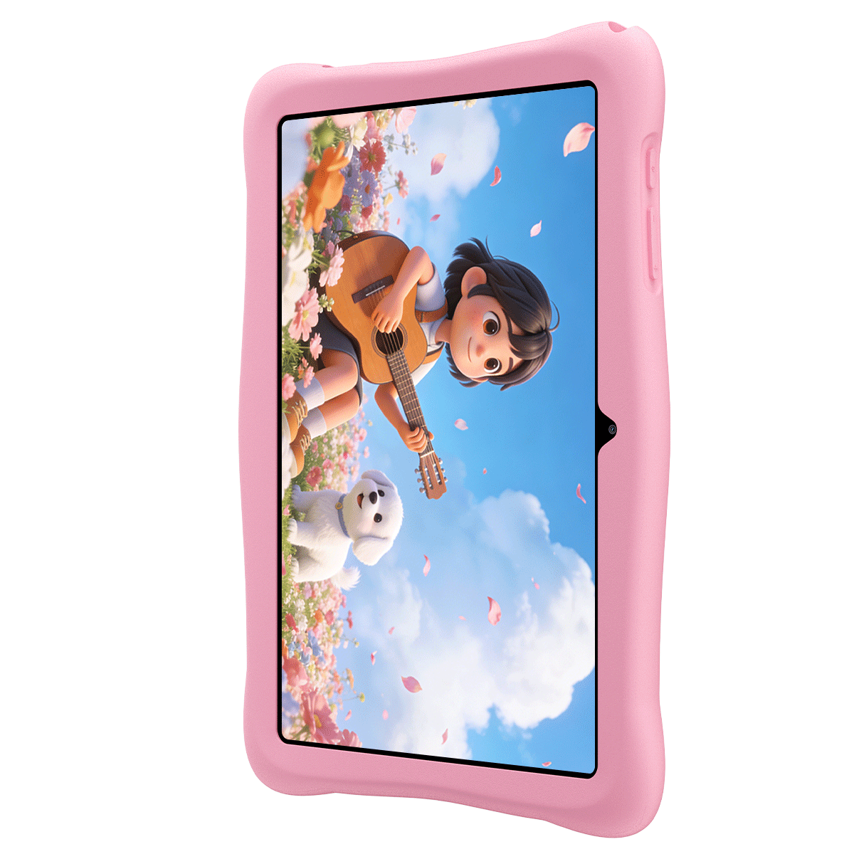 Różowy tablet pokazuje dziewczynkę grającą na gitarze z psem na kwiecistej łące.