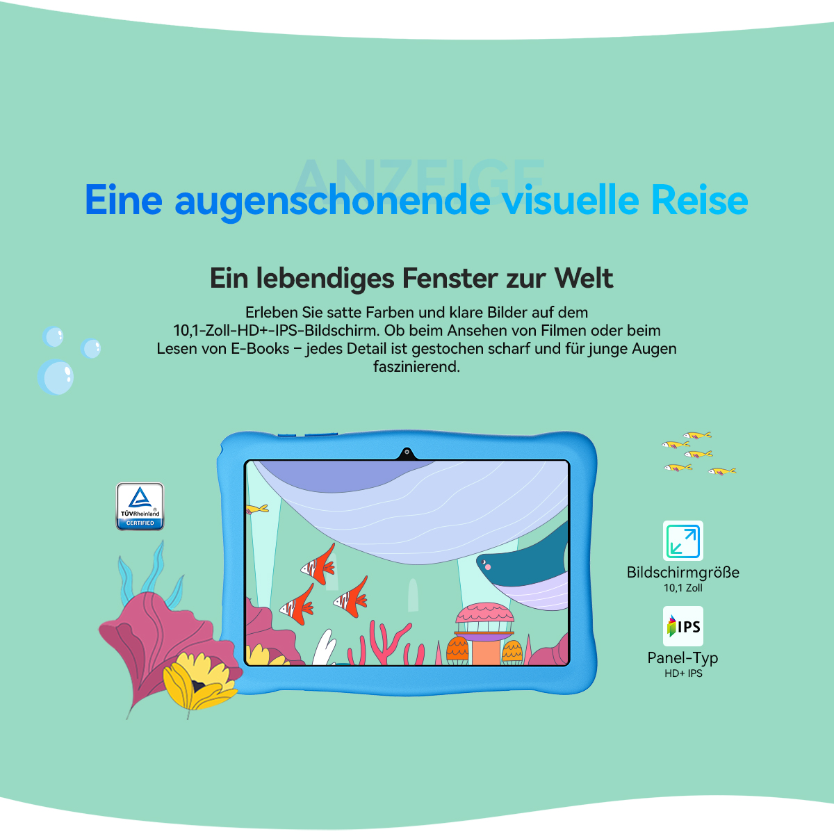 Ein blaues Tablet zeigt einen Unterwasser-Bildschirm mit Fischen, Korallen und einem Wal.