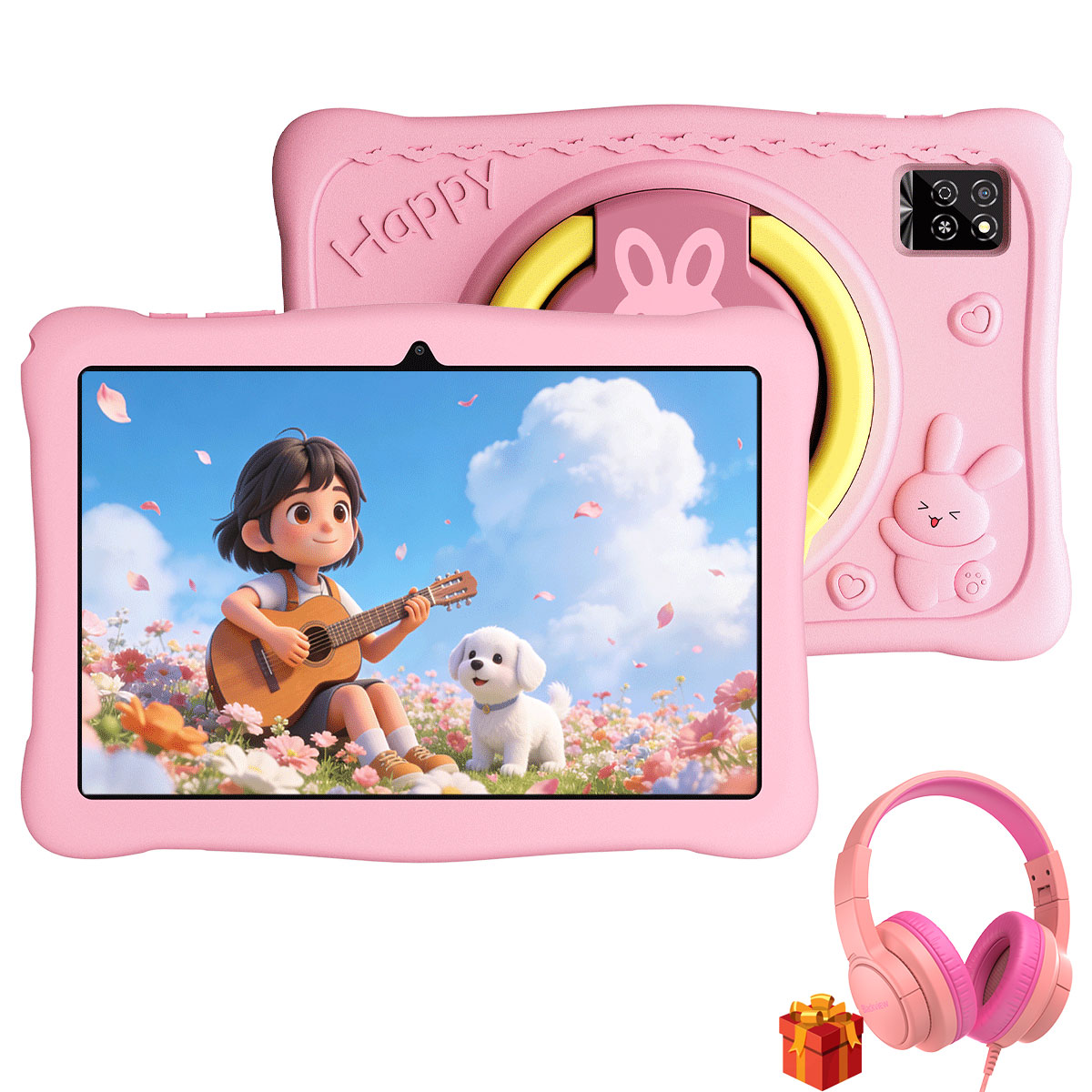 Różowy tablet z kreskówkową dziewczynką grającą na gitarze z psem na kwiecistej łące. Słuchawki i prezent.