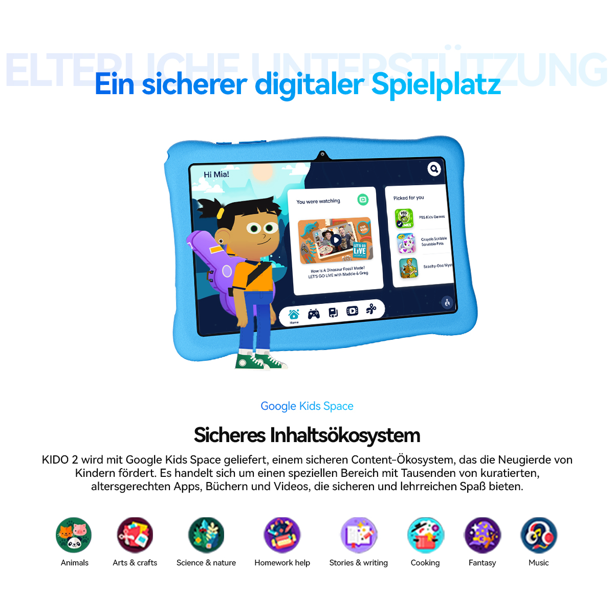 Blaues Tablet mit App-Symbolen und einer Figur. Zeigt Google Kids Space an.