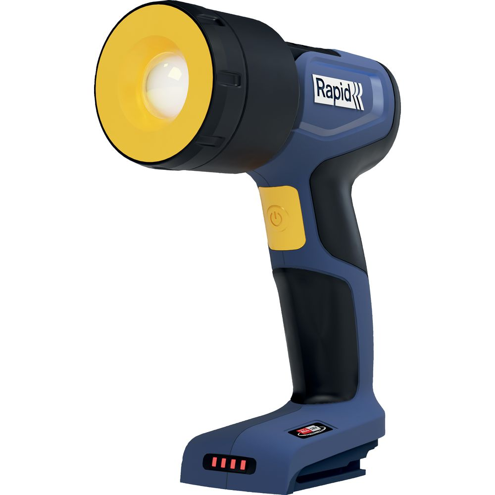 Une lampe de travail sans fil bleue et noire avec lunette jaune et bouton d'alimentation.