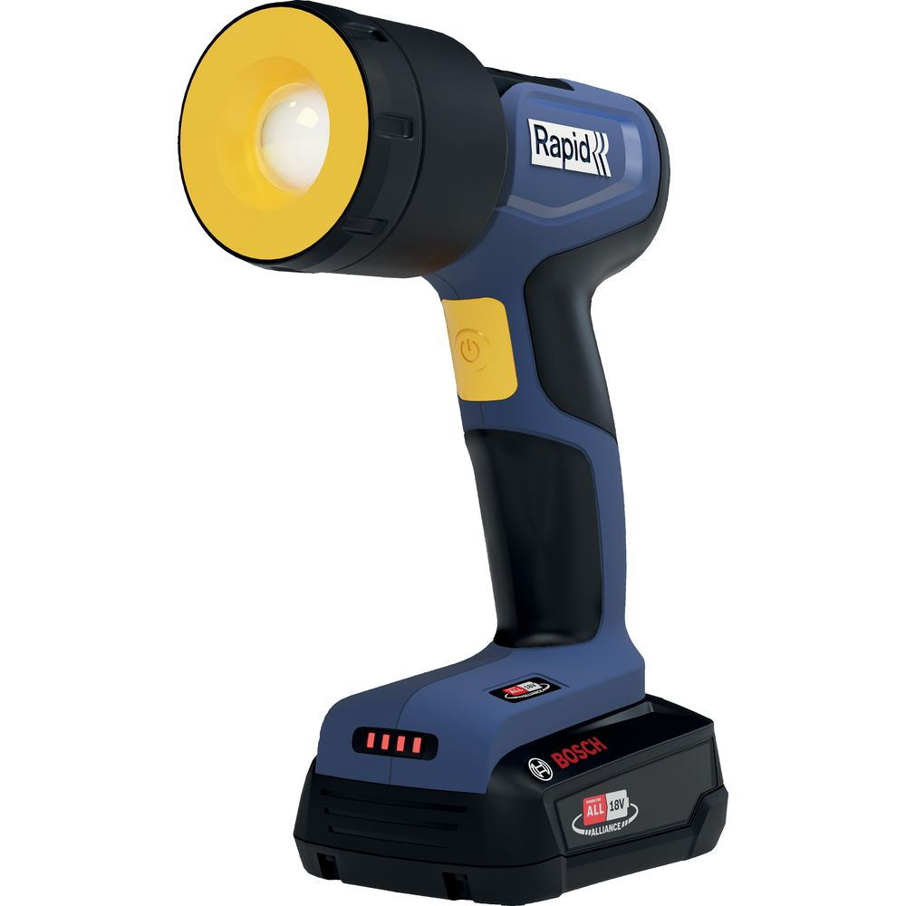 Un projecteur sans fil Bosch bleu et jaune avec bouton d'alimentation et voyants de charge.