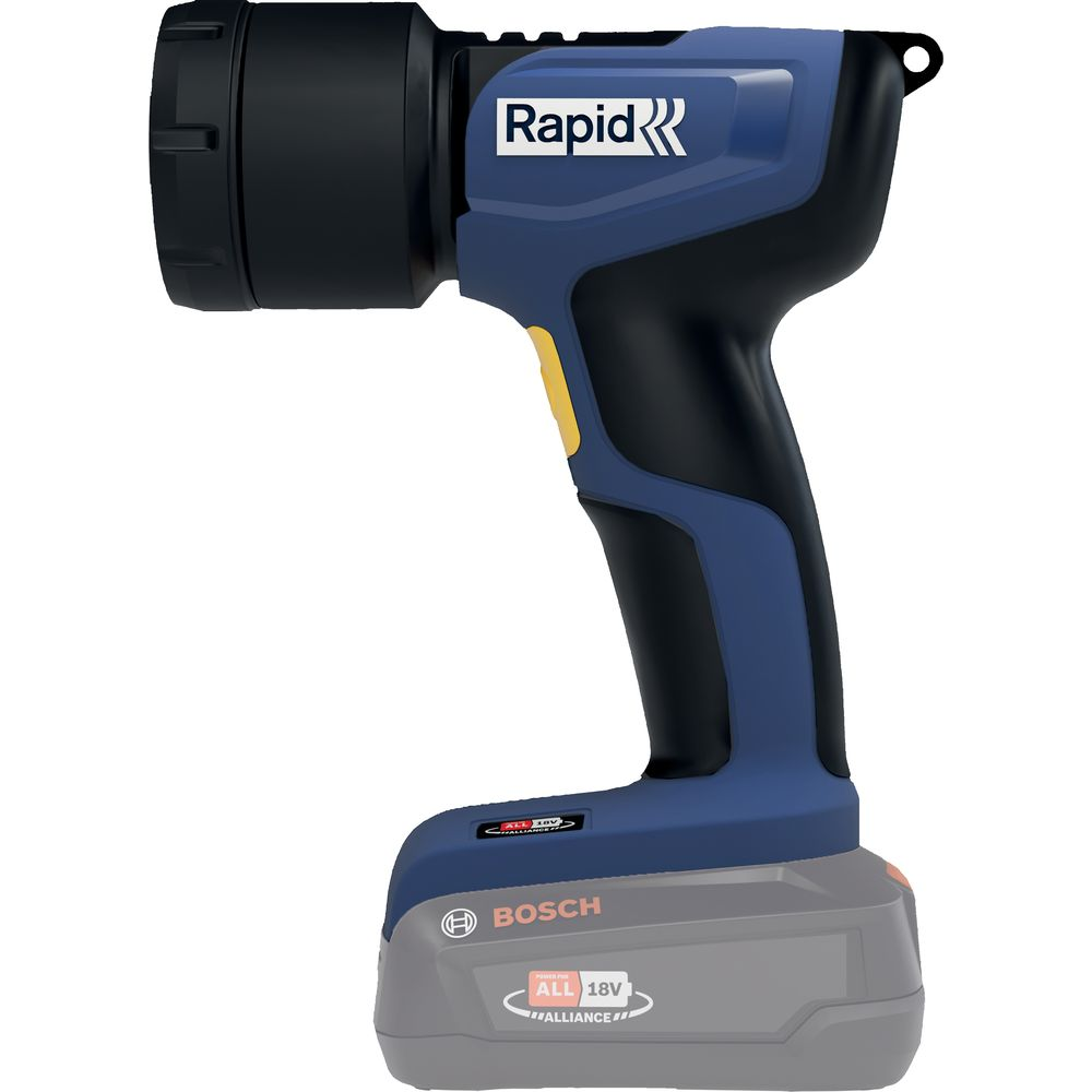Une lampe de travail Bosch bleue et noire avec gâchette jaune et batterie.