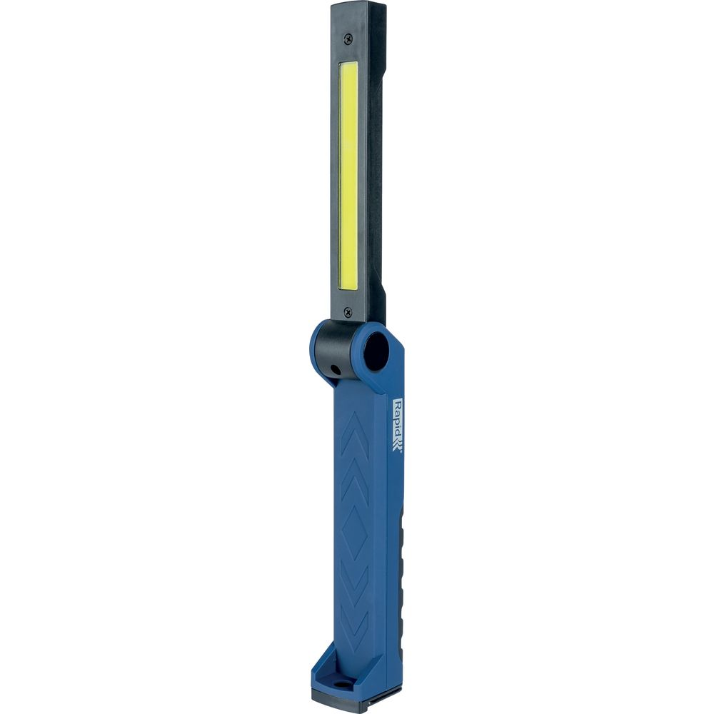Une lampe de travail pliable bleue et noire avec une bande LED jaune.