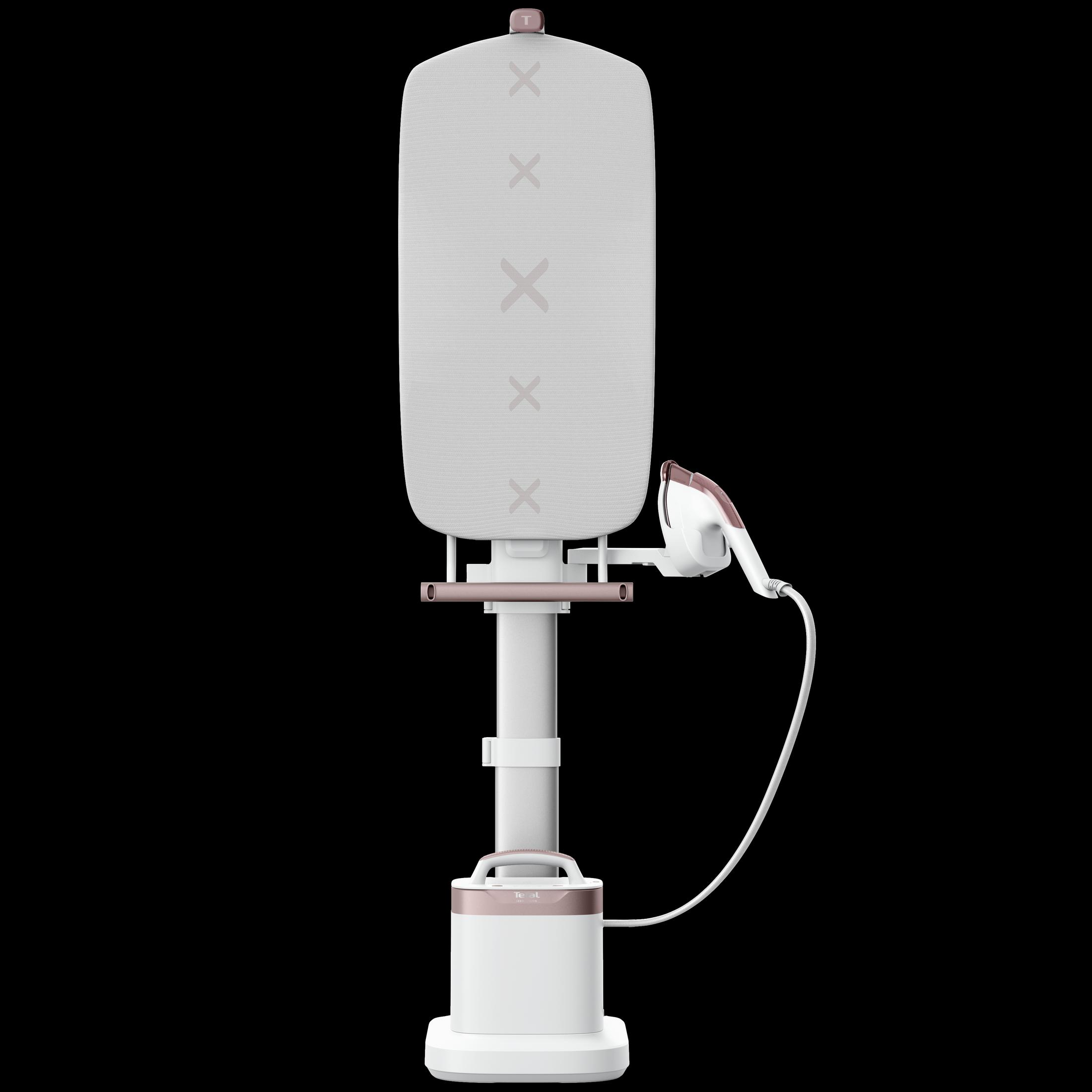 Un vaporizzatore bianco con accenti oro rosa su sfondo nero.