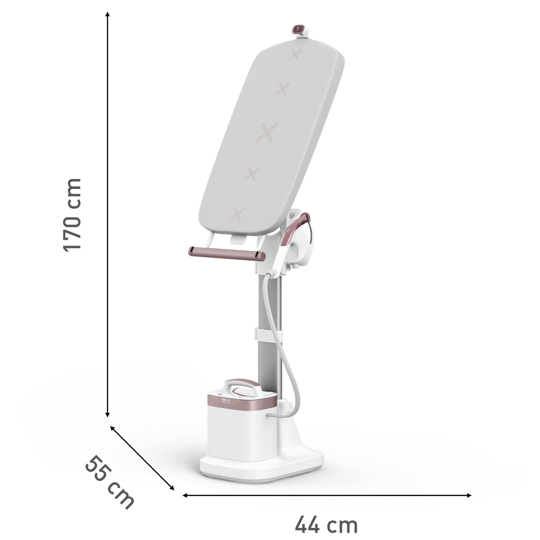 Un vaporizzatore verticale con asse da stiro, beige e bianco, alto 170 cm.