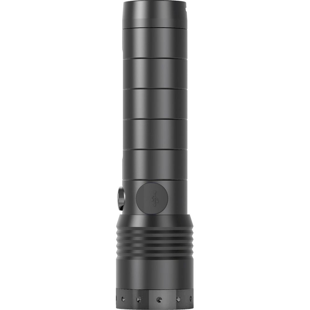 Une lampe de poche cylindrique foncée avec des rainures en bas et un symbole USB.