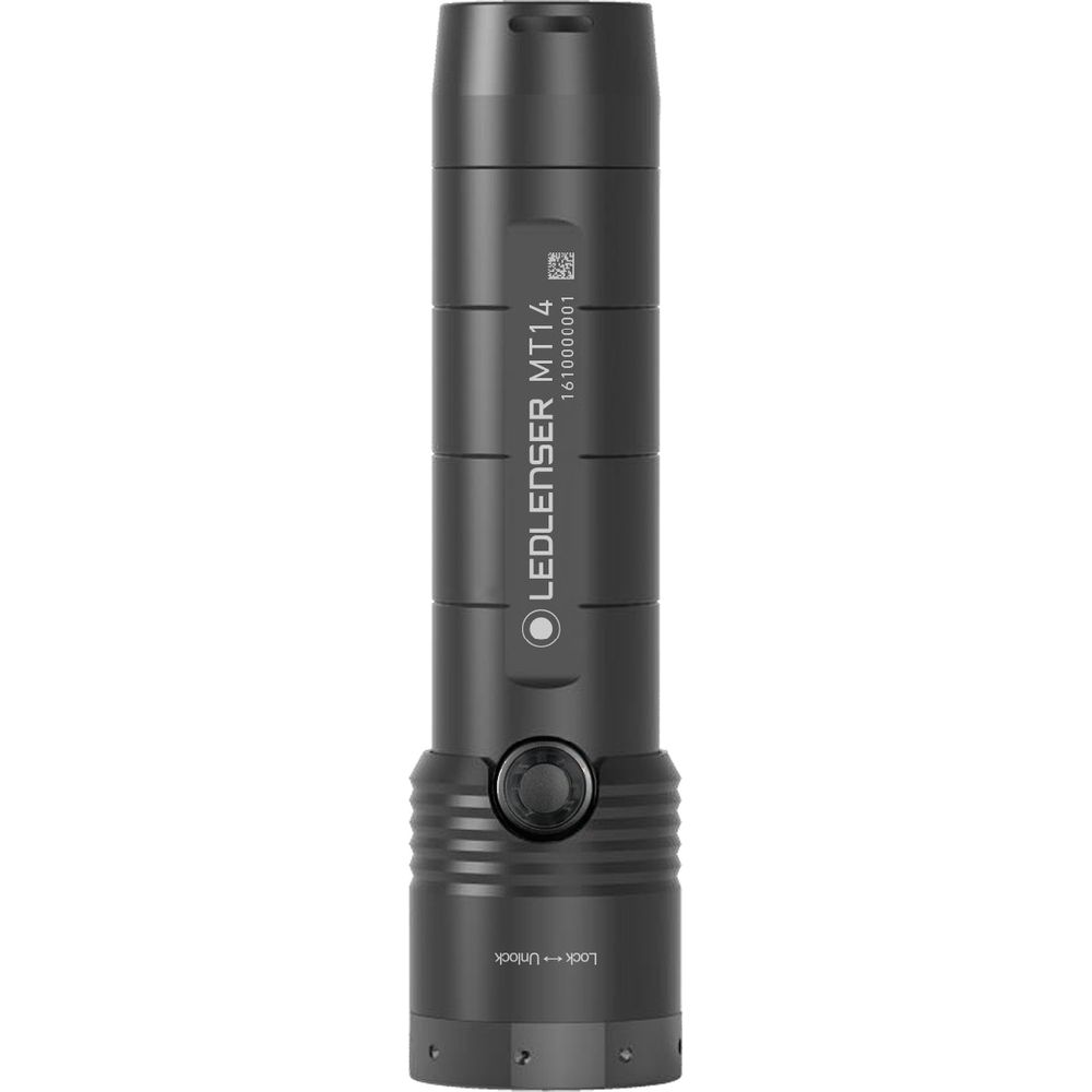 Lampe torche LED noire avec texte « LEDLENSER MT14 » et un numéro de série.