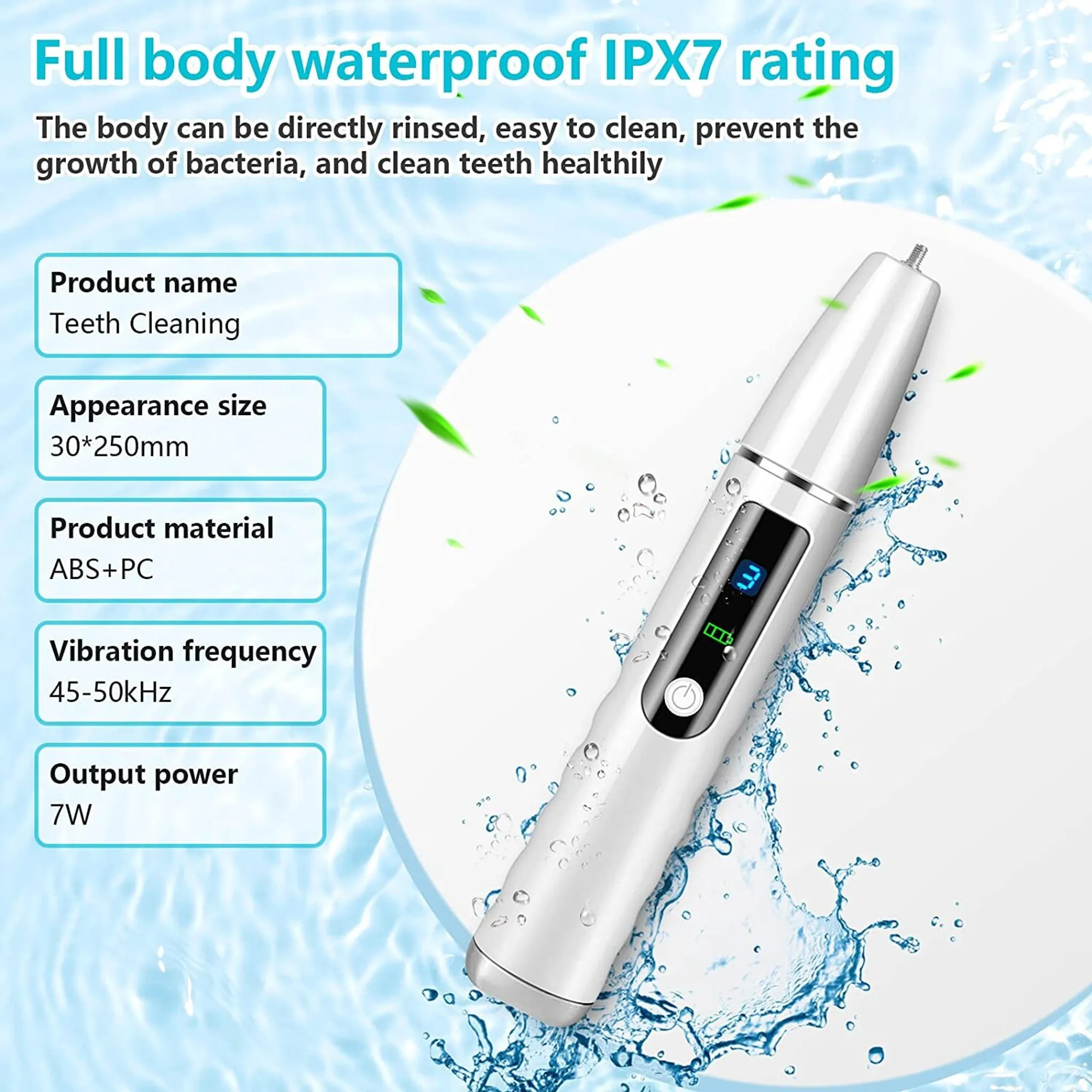Ein weißes, wasserdichtes IPX7-Zahnreinigungsgerät mit digitaler Anzeige, umgeben von Wasser und Blättern.