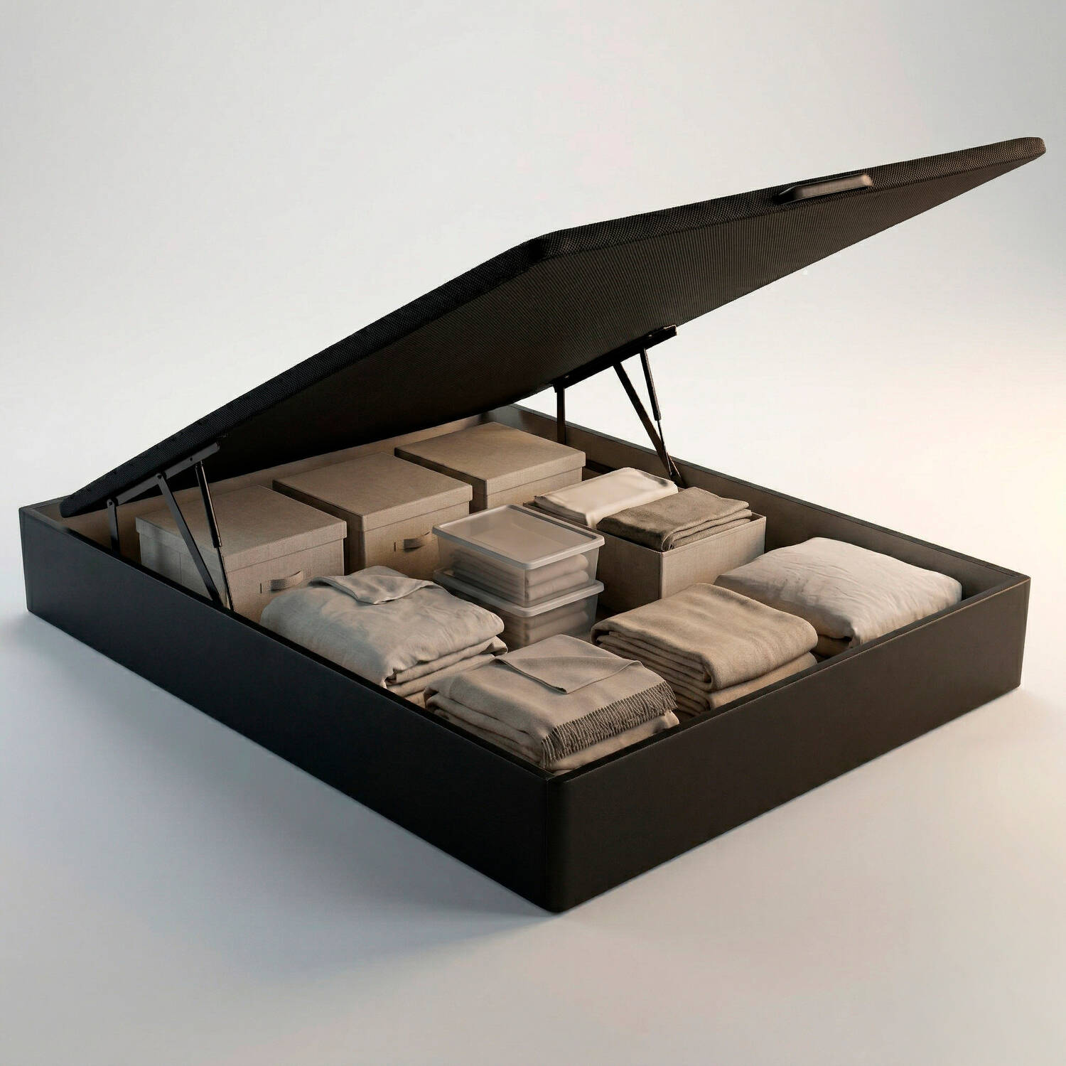 Una caja de almacenamiento de cama negra abierta con ropa de cama y cajas dentro.