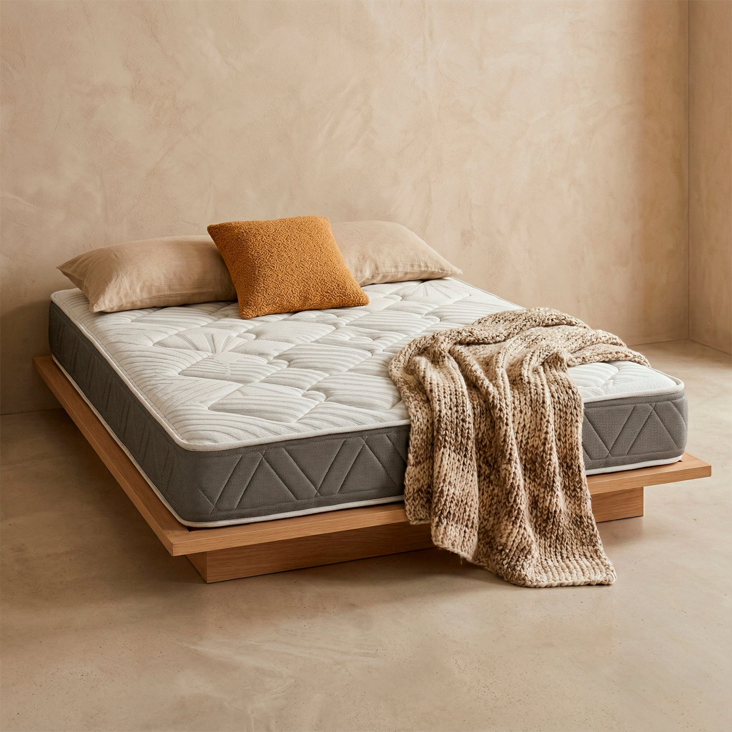 Un colchón blanco con laterales grises sobre una cama plataforma de madera, con cojines y manta.