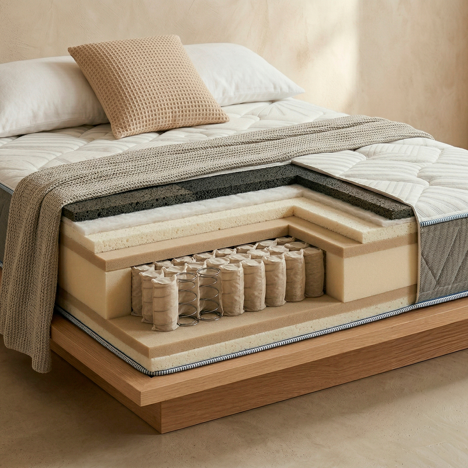 Vista en corte de un colchón que muestra capas de espuma y resortes sobre un marco de cama de madera.