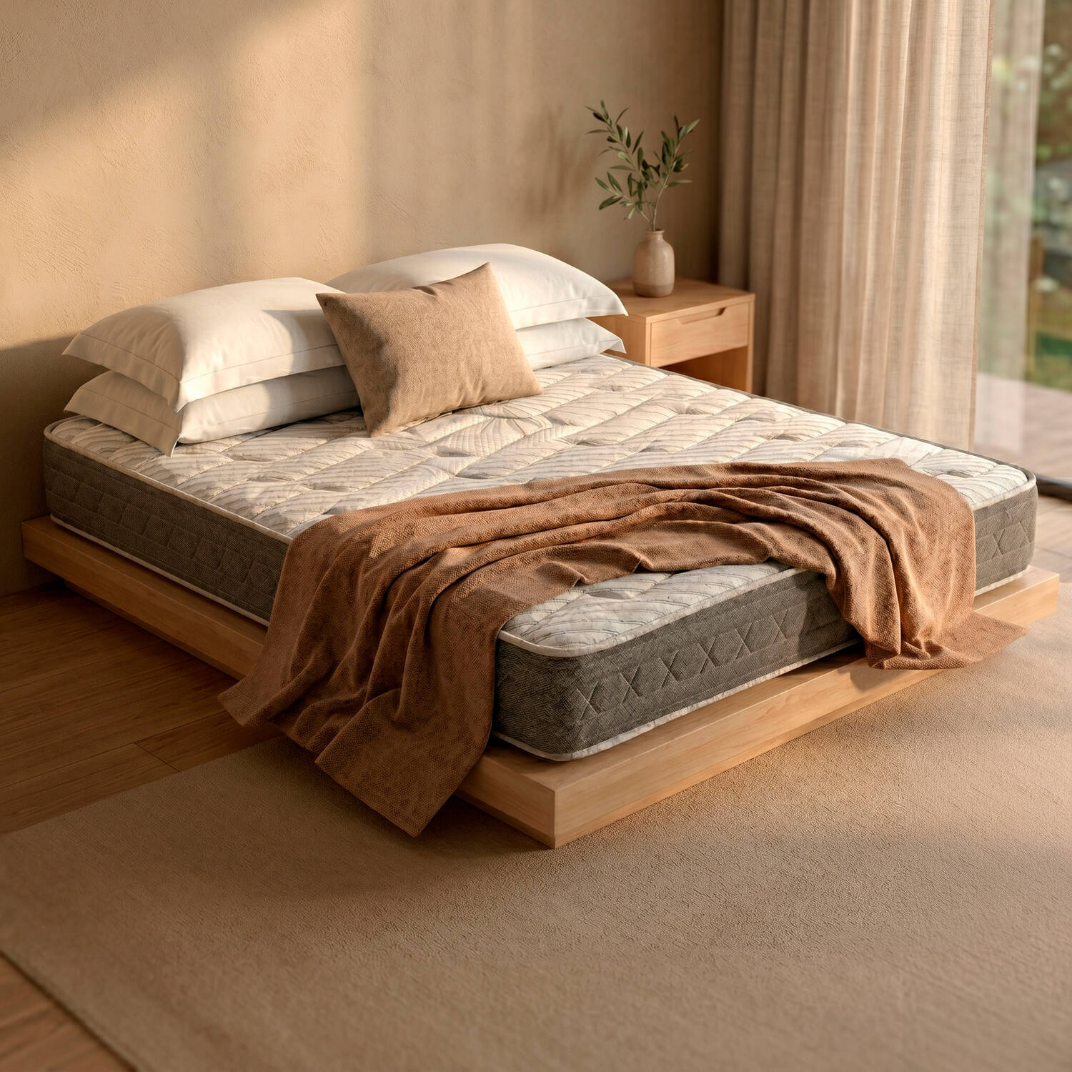 Una cama con colchón, almohadas y manta sobre un marco de madera.