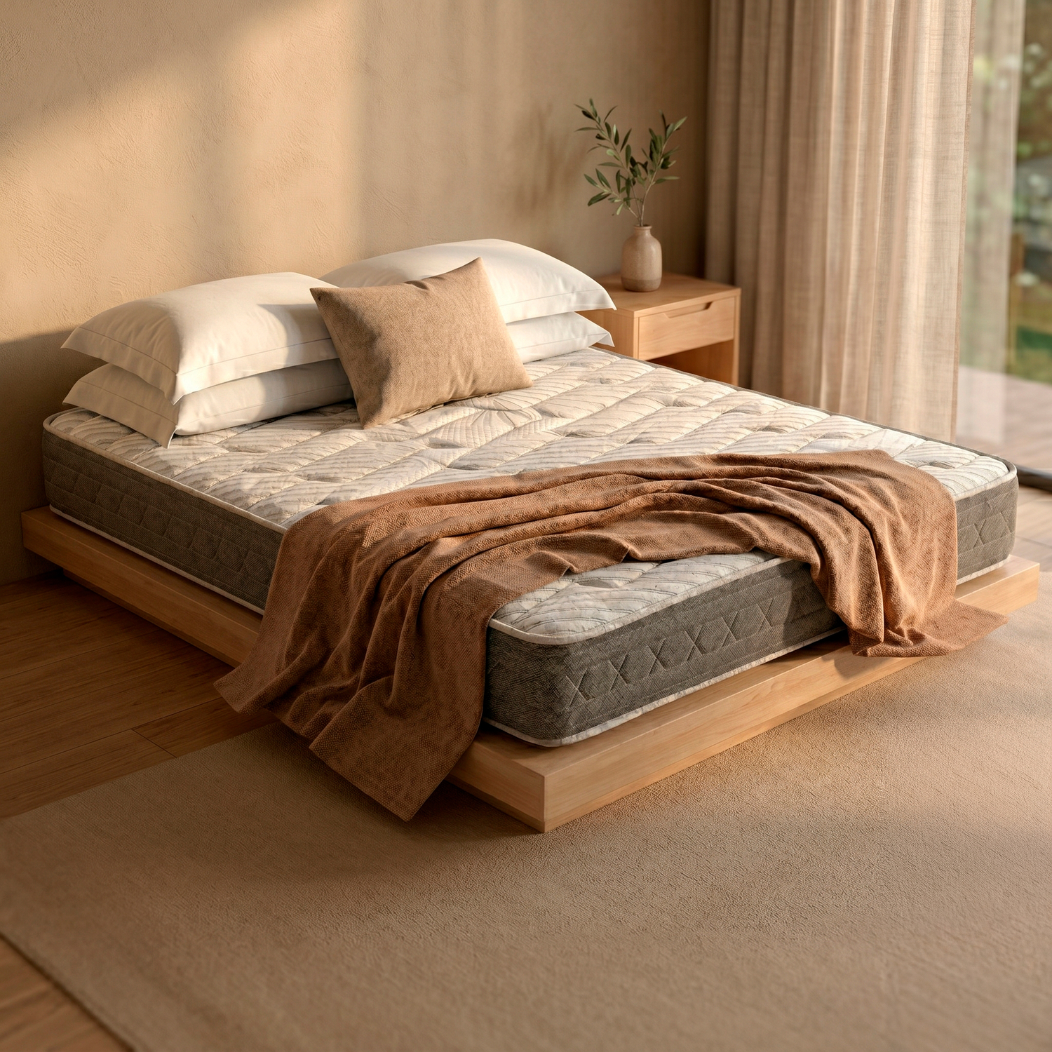 Una cama con ropa de cama blanca, manta marrón y almohadas en un marco de madera.