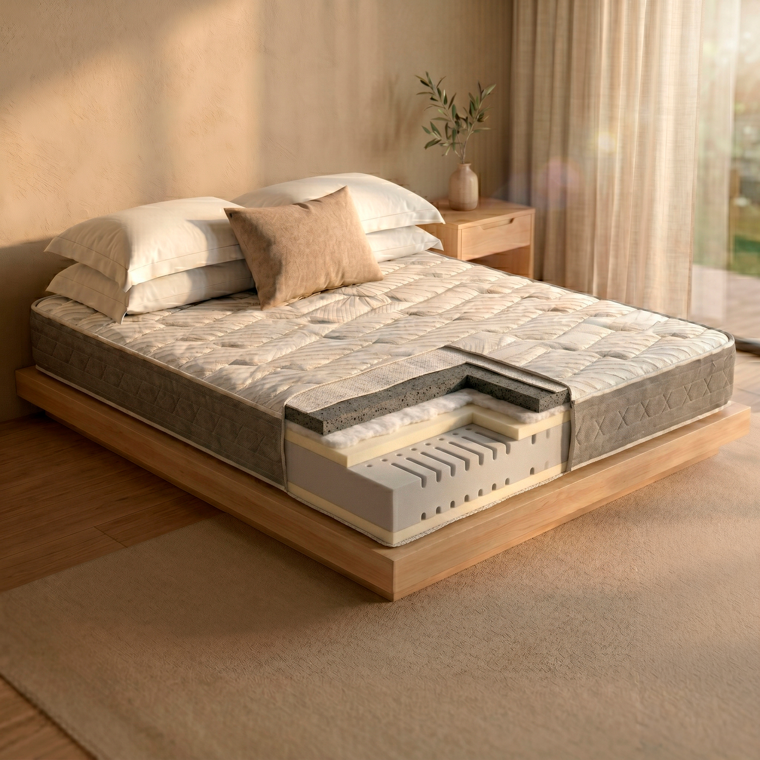 Vista en corte de un colchón mostrando capas de espuma, en base de madera con almohadas.