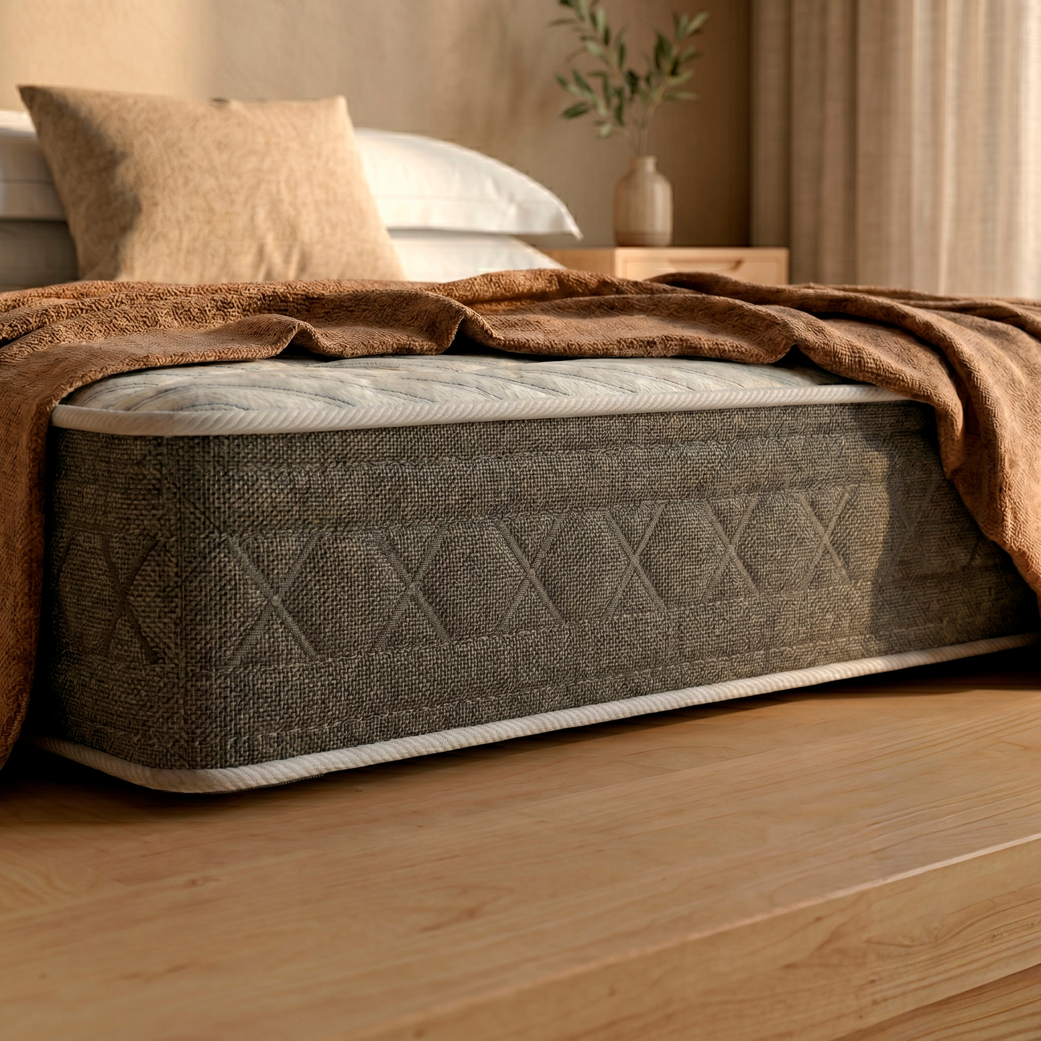 Un colchón gris con mantas y almohadas marrones sobre suelo de madera.