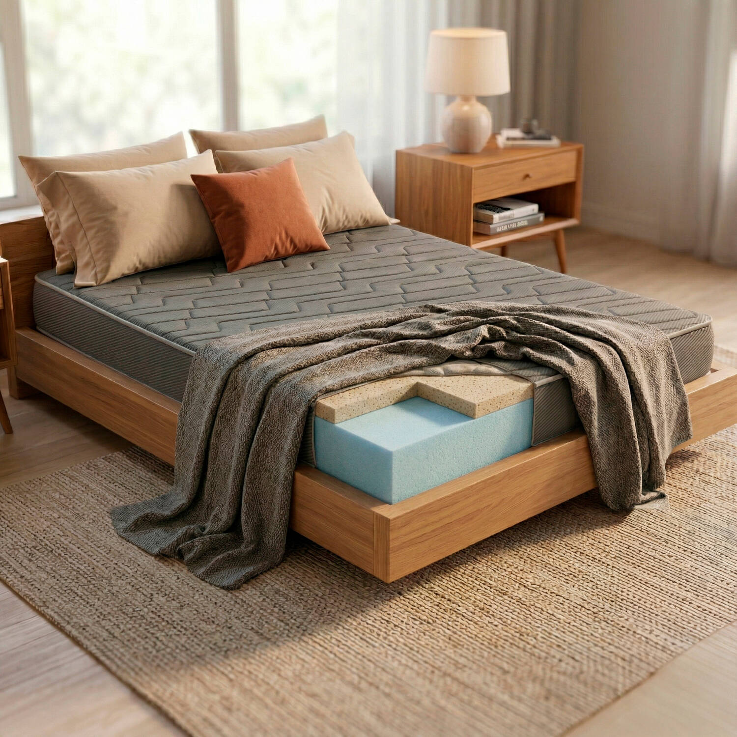 Un colchón seccionado en una cama con capas de espuma, almohadas, manta y mesita.