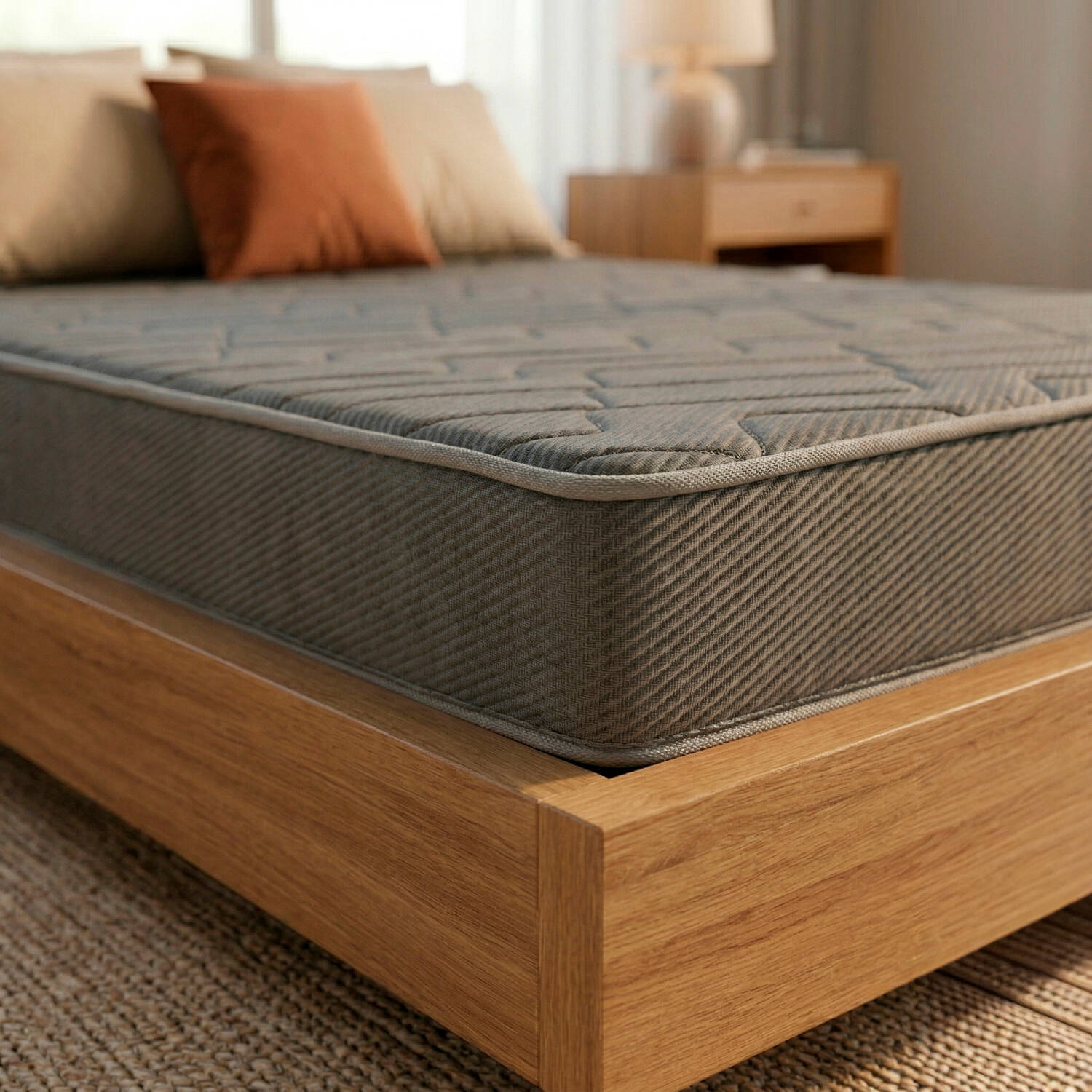 Colchón gris sobre base de madera con cojines y mesita.