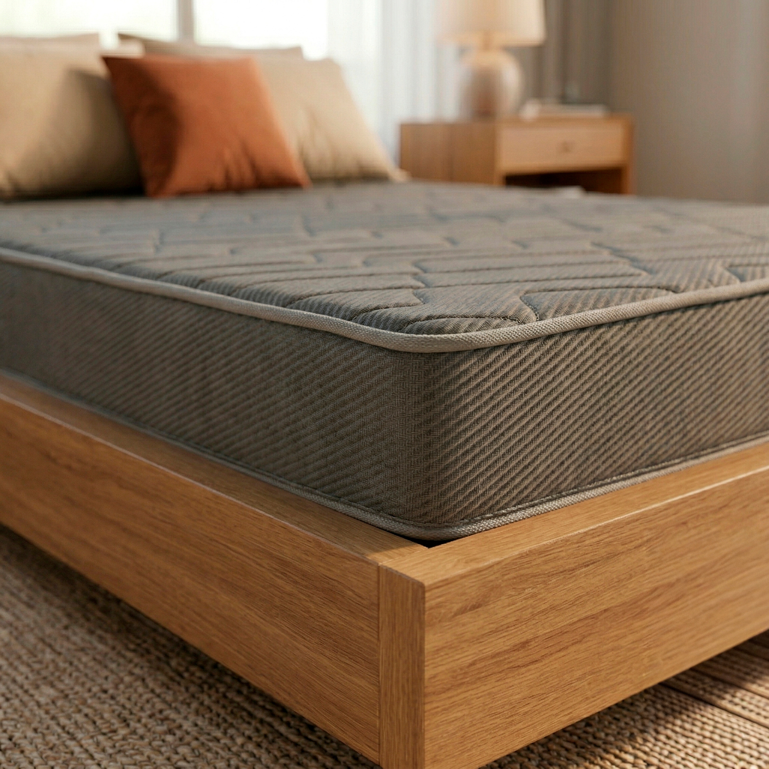 Una cama con colchón gris y marco de madera, con almohadas y mesita de noche al fondo.