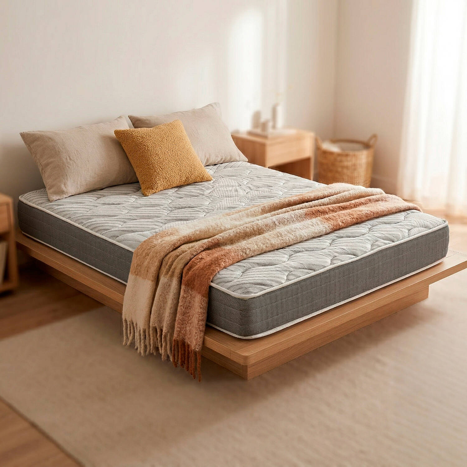 Una cama con colchón gris, almohadas y manta. Un somier de madera sobre una alfombra.