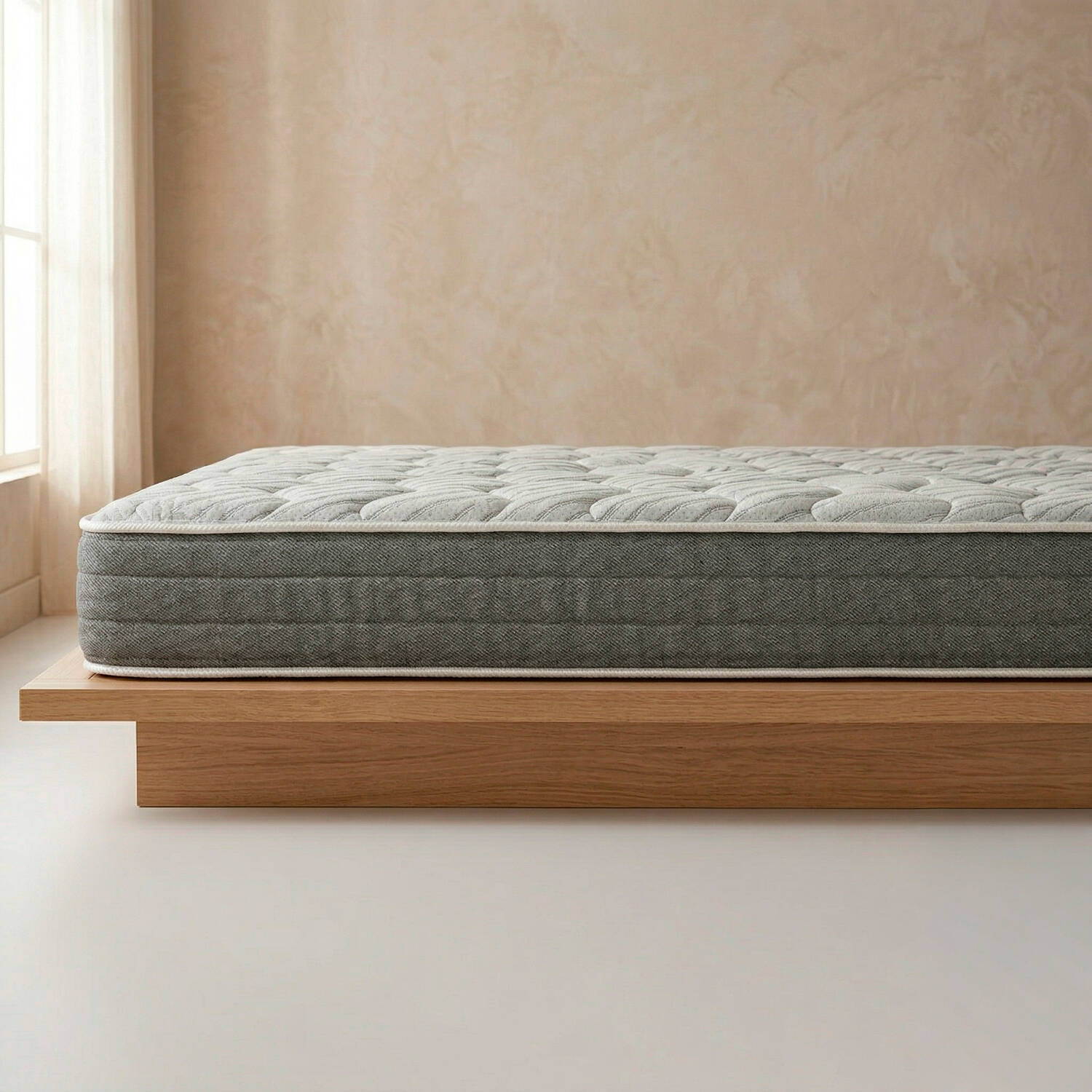 Colchón gris sobre una base de cama de madera, contra una pared beige y una ventana.