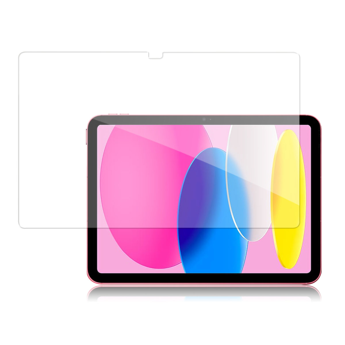 Un protecteur d'écran transparent repose sur une tablette rose avec un fond coloré.