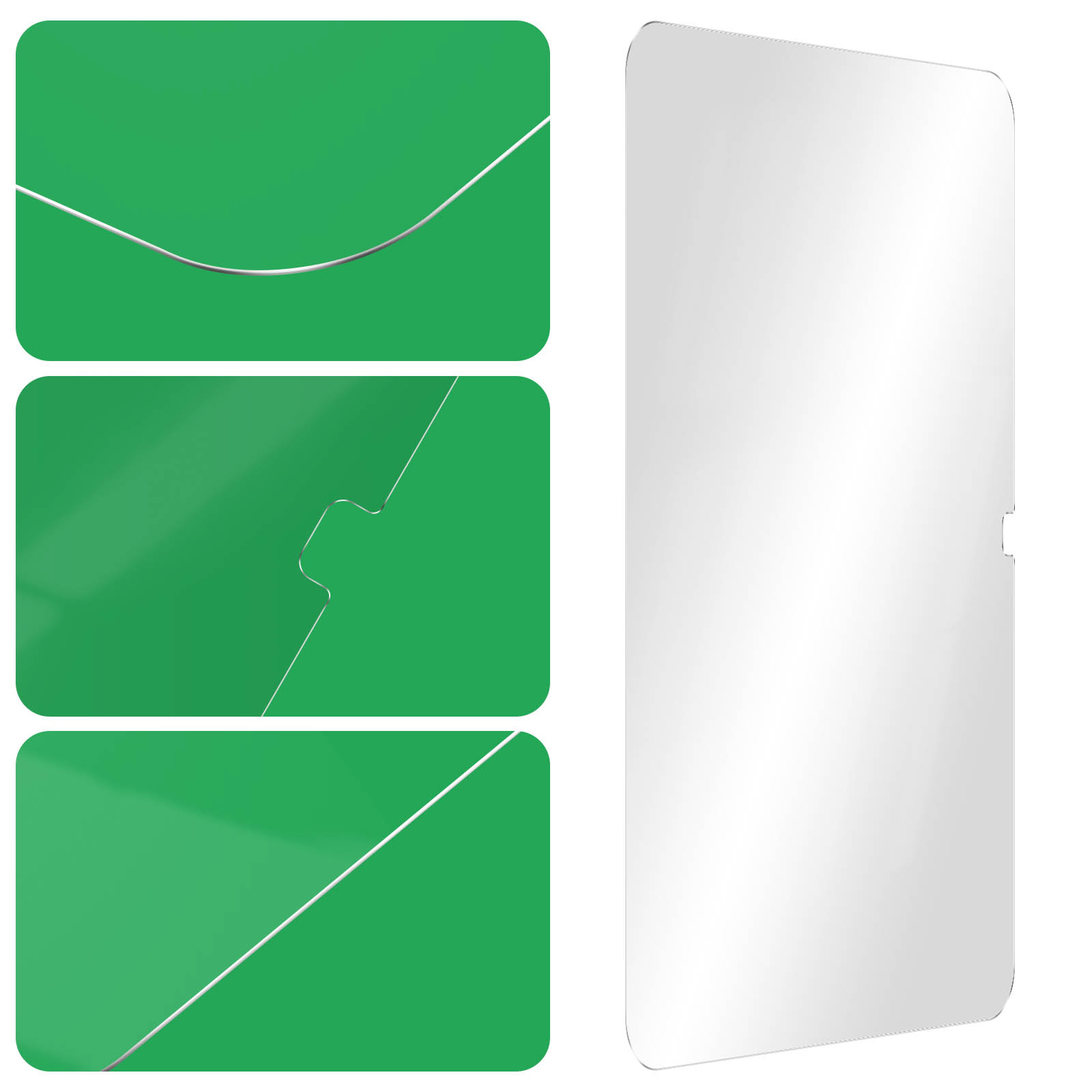 Trois rectangles verts avec des lignes argentées côte à côte, un rectangle transparent à droite.