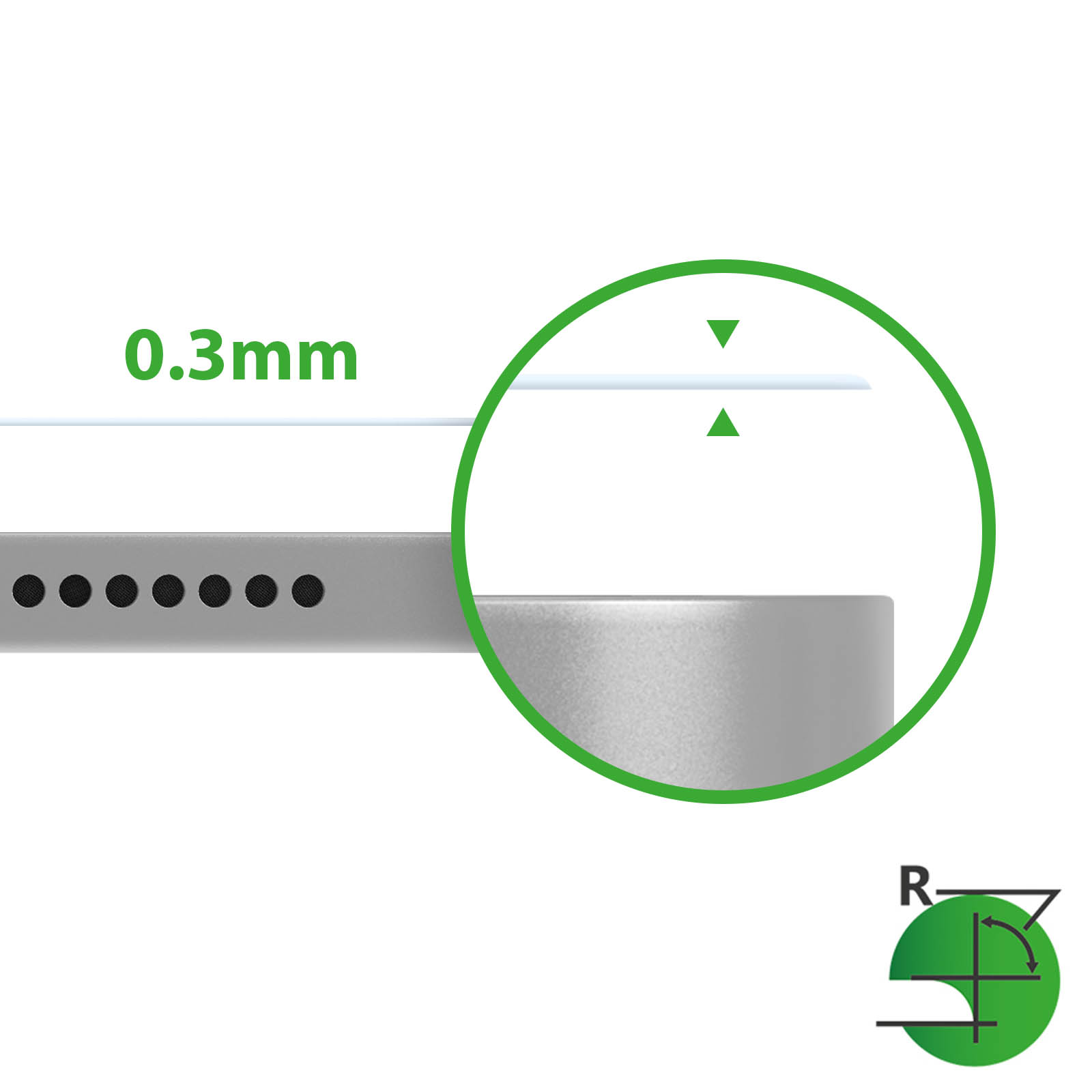 Gros plan d'un appareil montrant 0,3 mm d'épaisseur avec un diagramme de mesure.