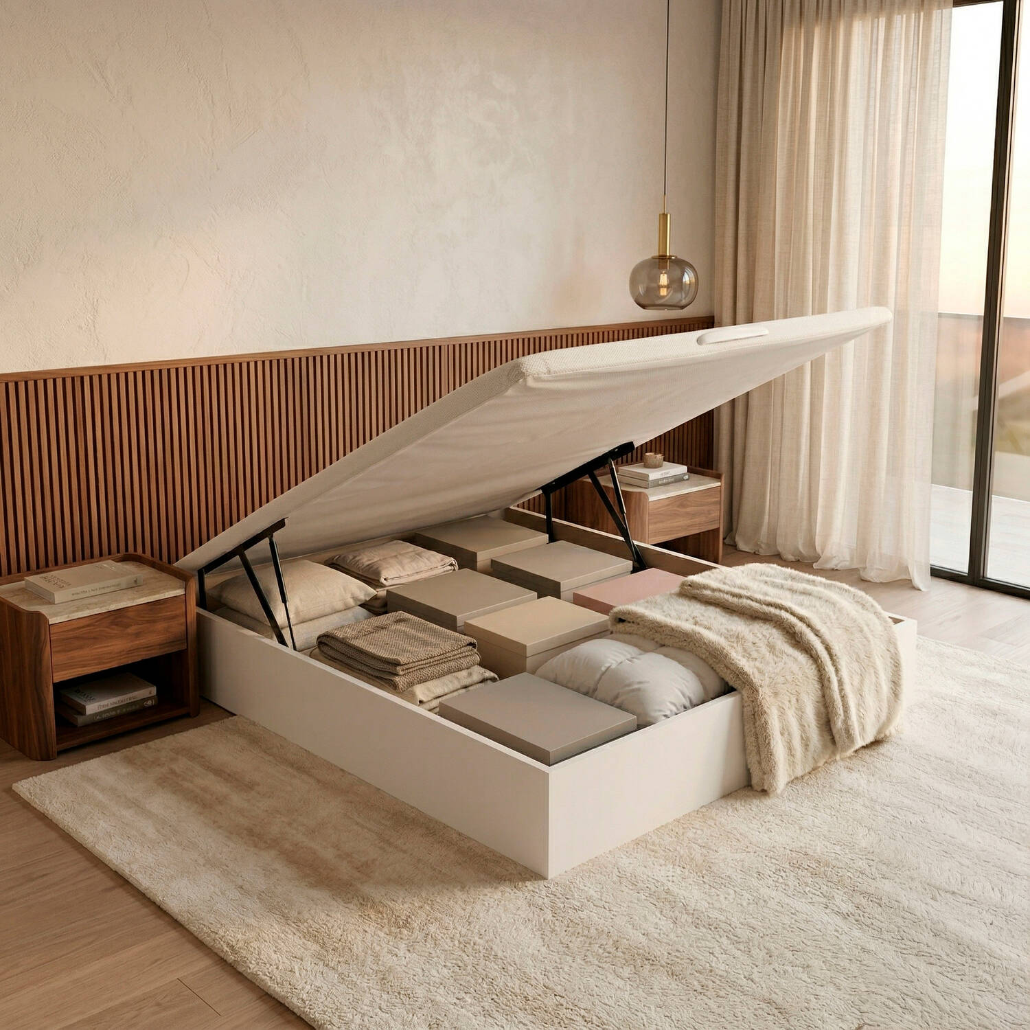 Una cama con almacenamiento abierto, llena de almohadas y mantas. Mesitas de noche al lado.