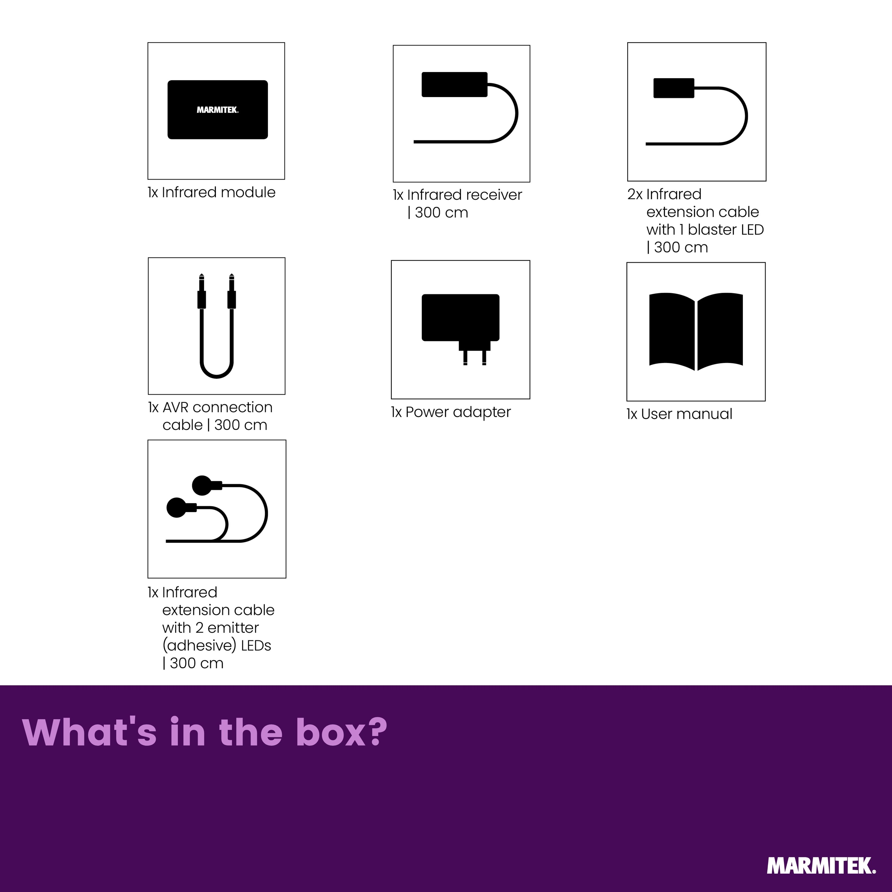 Illustratie van 6 Marmitek productcomponenten: module, ontvanger, kabels, adapter, handleiding.