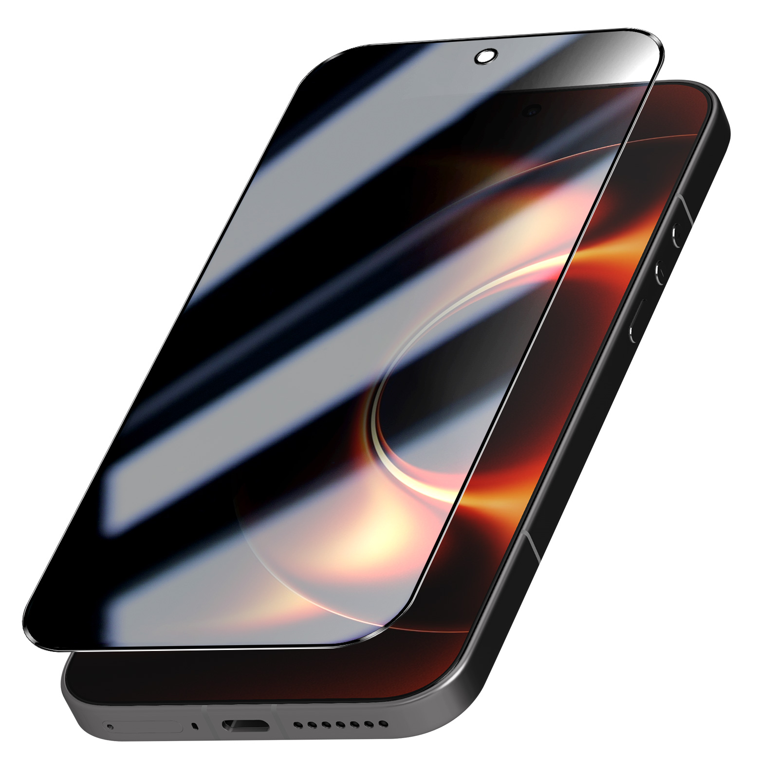 Zwarte smartphone met schermprotector, close-up.