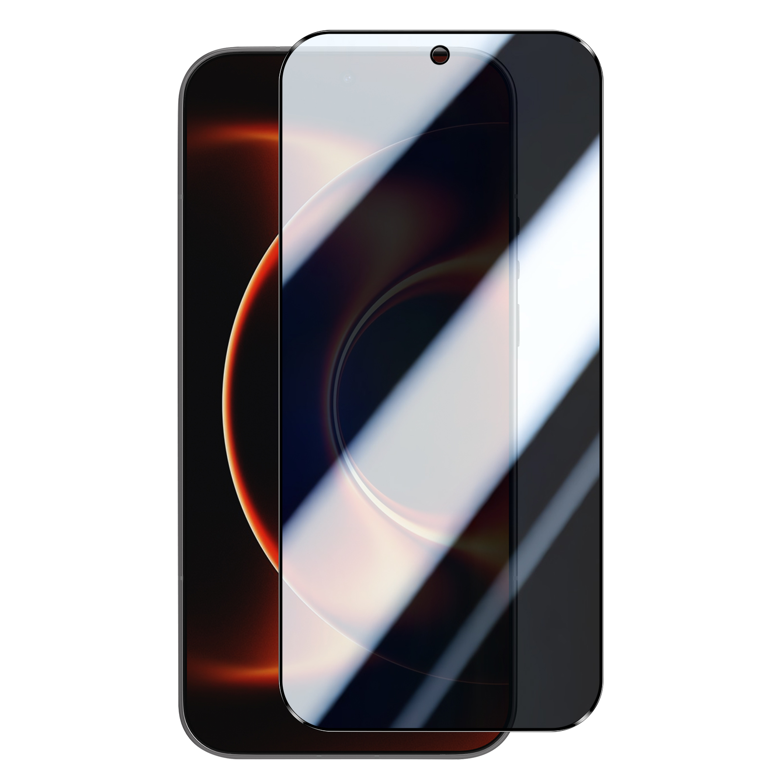 Een donkere screenprotector over een smartphone met oranje achtergrond.