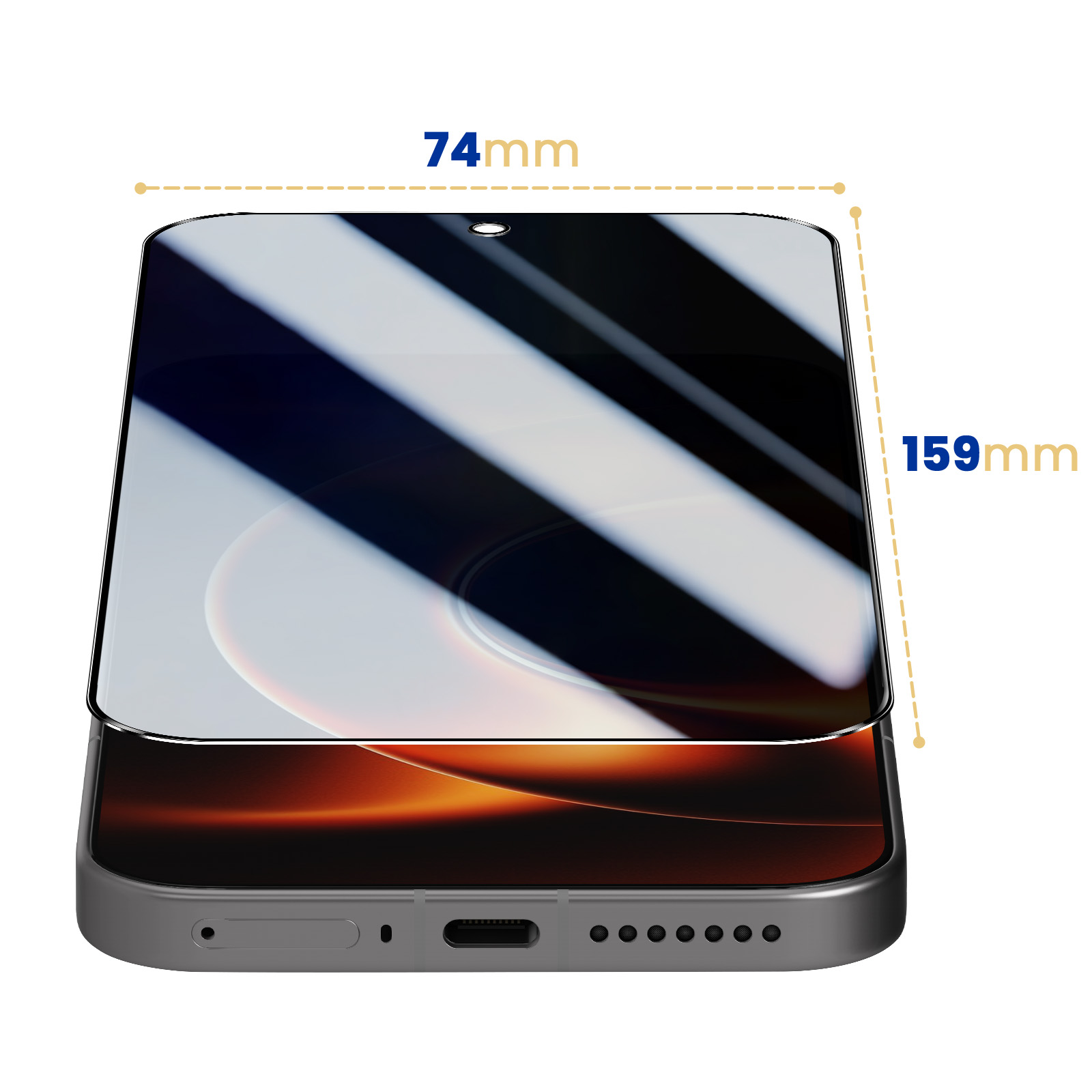 Een smartphone-schermprotector van 74mm x 159mm.