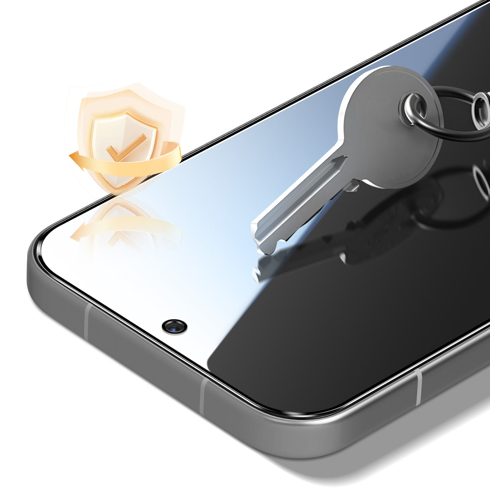 Een zilveren sleutel op een smartphonescherm met schildicoon.