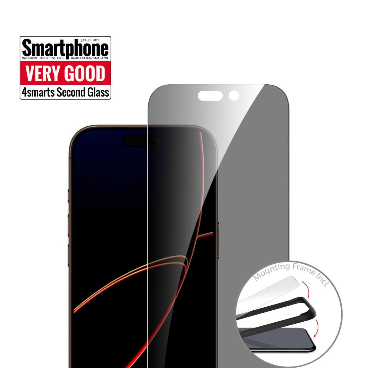 Smartphone screenprotector met montageframe en 'VERY GOOD' zegel.