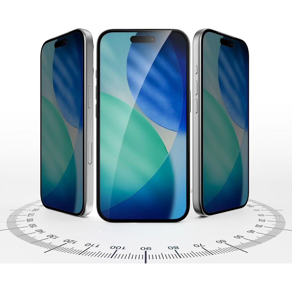 Drie iPhones op een gradenboog. Ze hebben een blauwe en groene achtergrond.