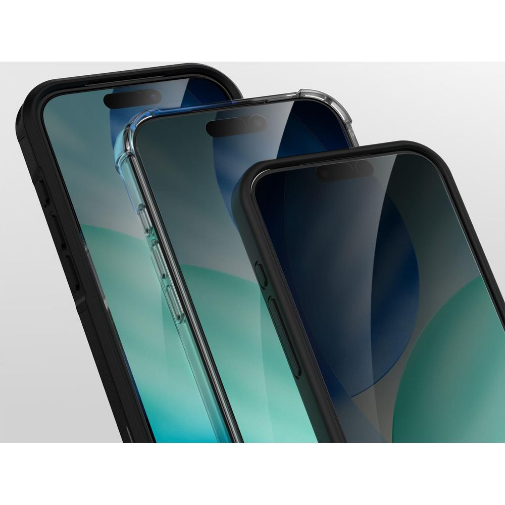 Drie smartphones met verschillende hoesjes naast elkaar op lichte achtergrond.