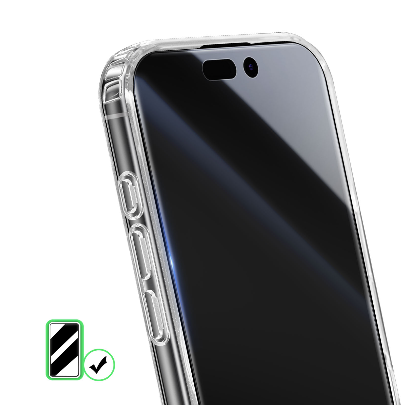 Doorzichtige hoes op een smartphone met camera-uitsparing.