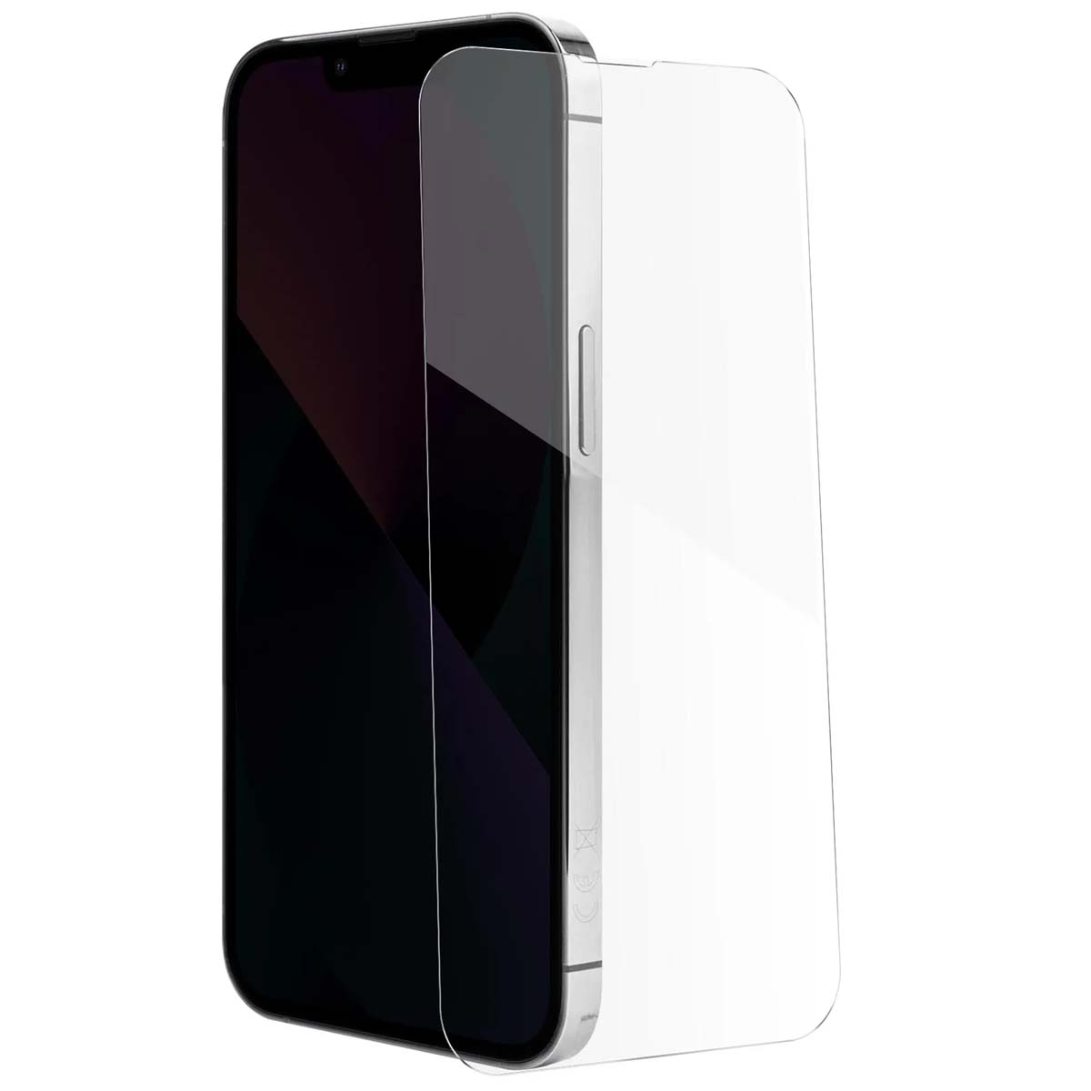 Een zilveren smartphone met een donker scherm ligt naast een transparante screenprotector.
